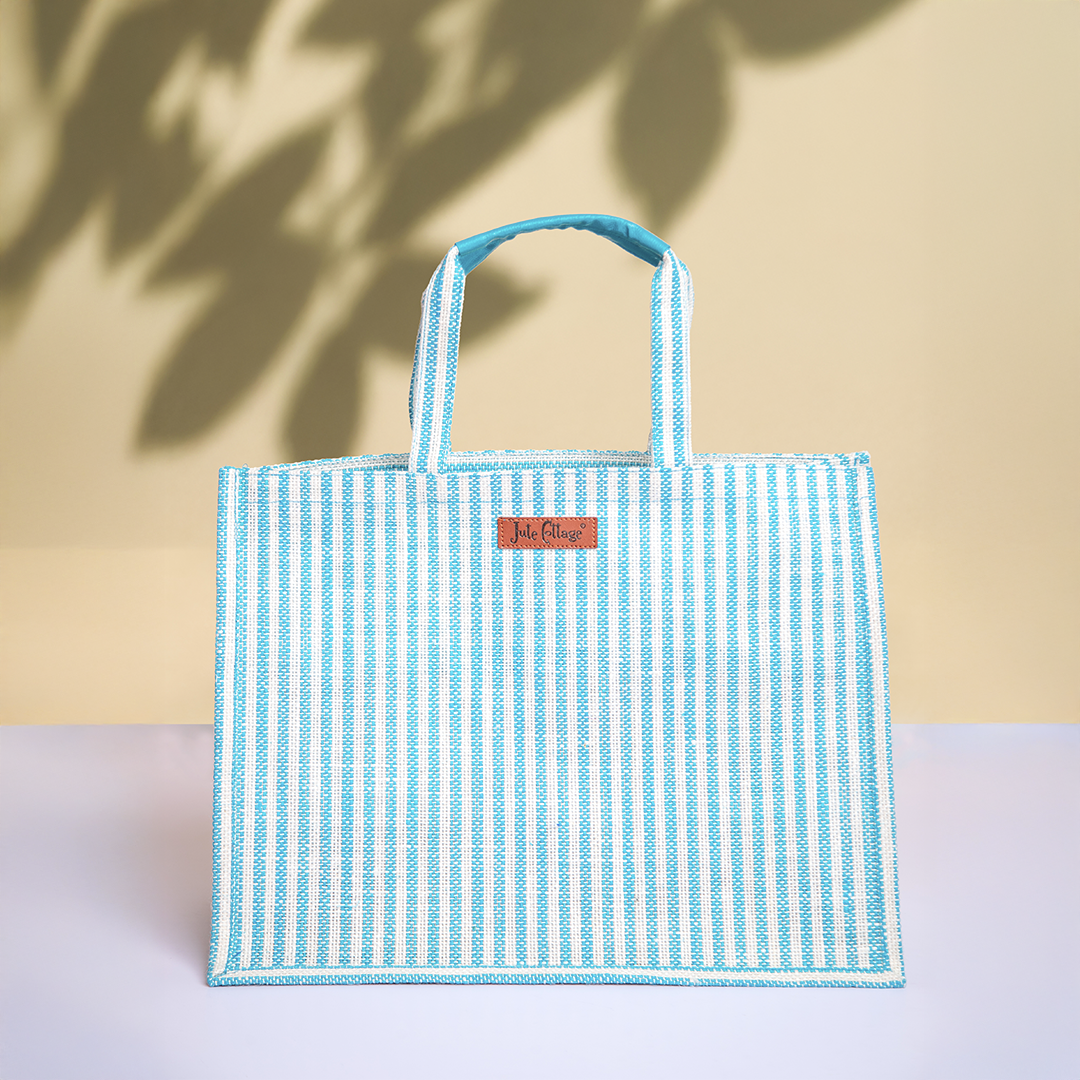 Striped Jute Shopping Bag with Zipper Medium