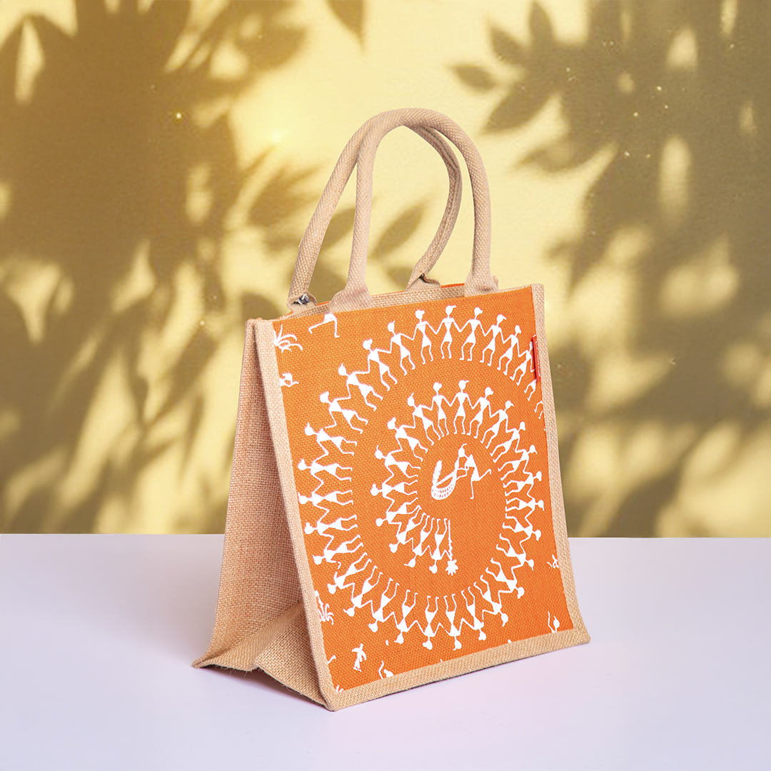 Combo of Jute Orange Warli Lunch Bag and Orange Warli Bottle Bag
