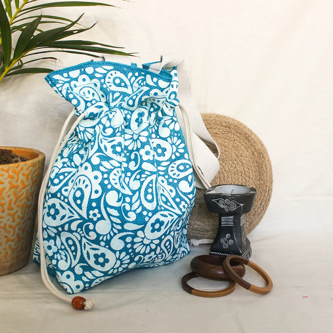 Paisley print Jute Potli style bag