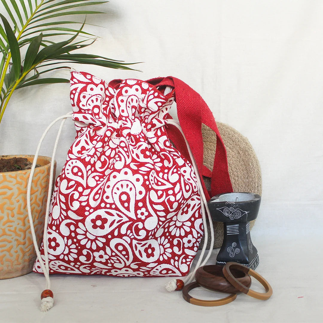 Paisley print Jute Potli style bag
