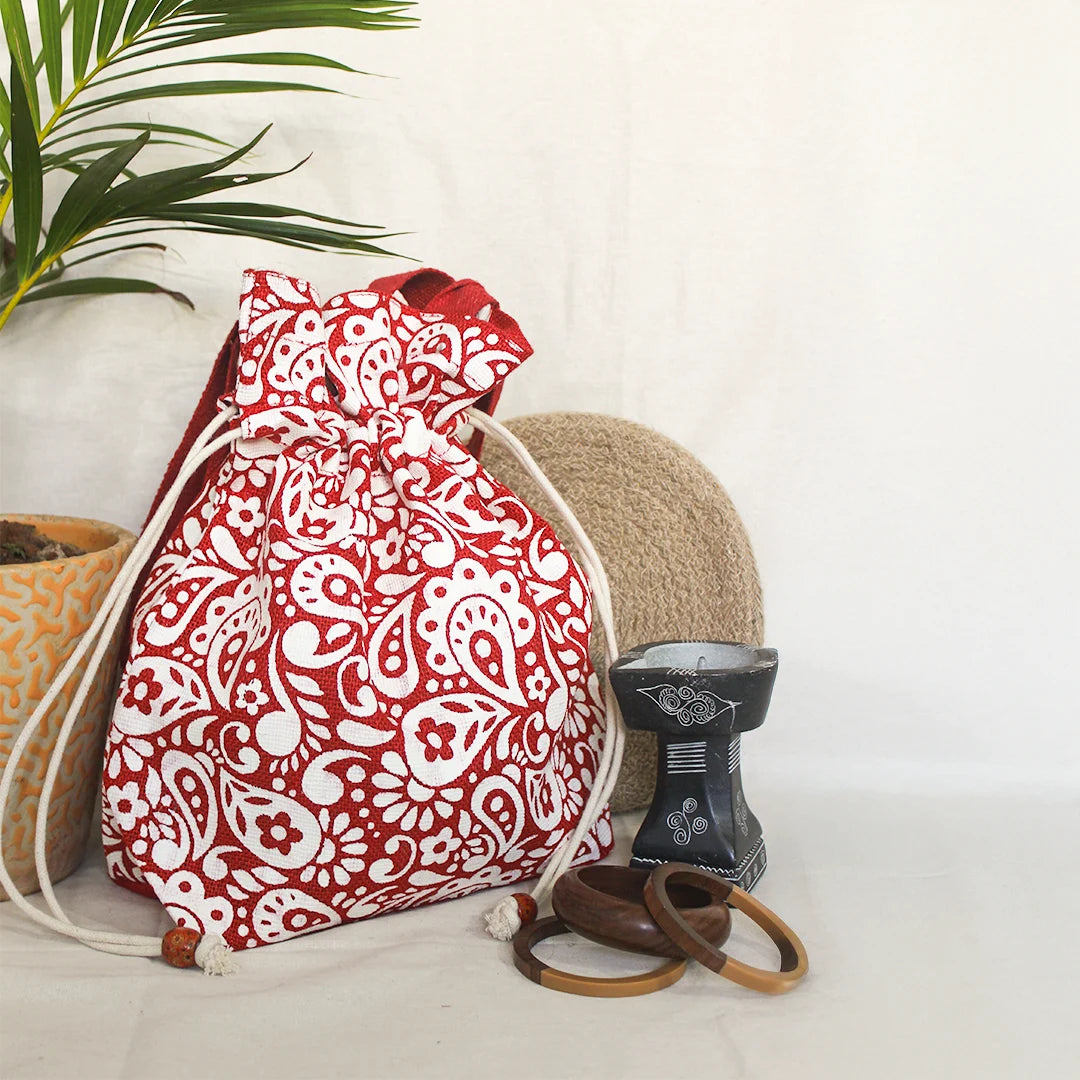 Paisley print Jute Potli style bag