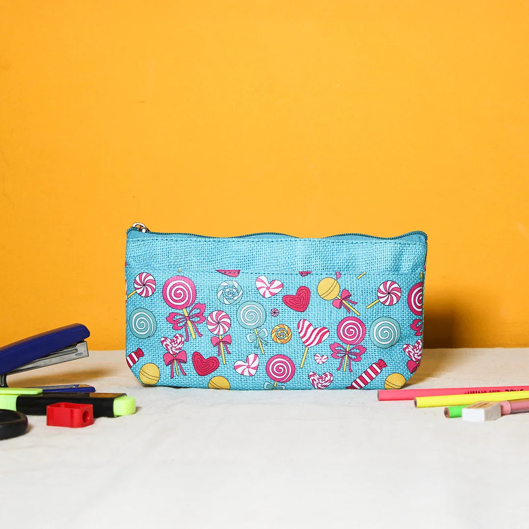 Lollipop print Double zip jute pouch