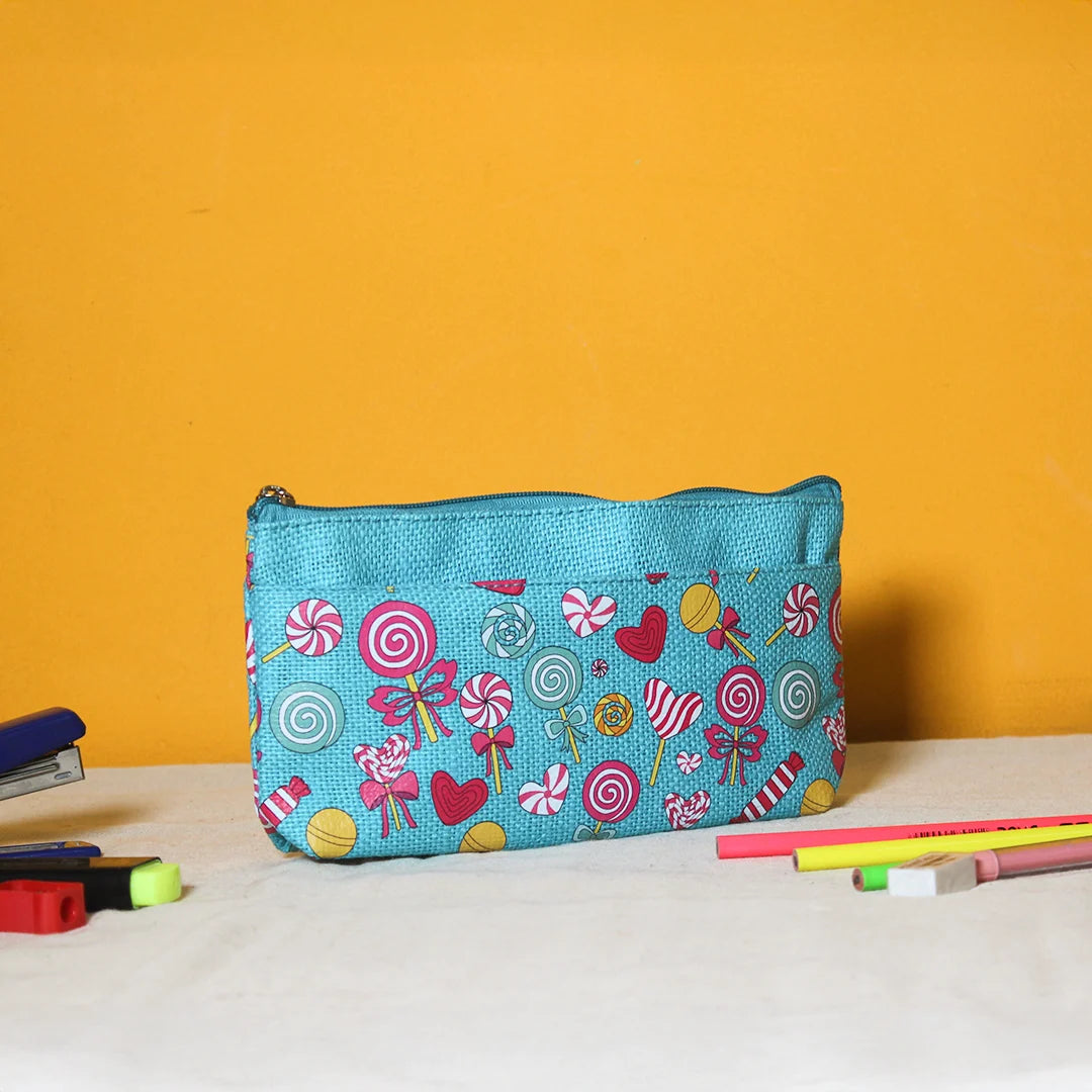 Lollipop print Double zip jute pouch