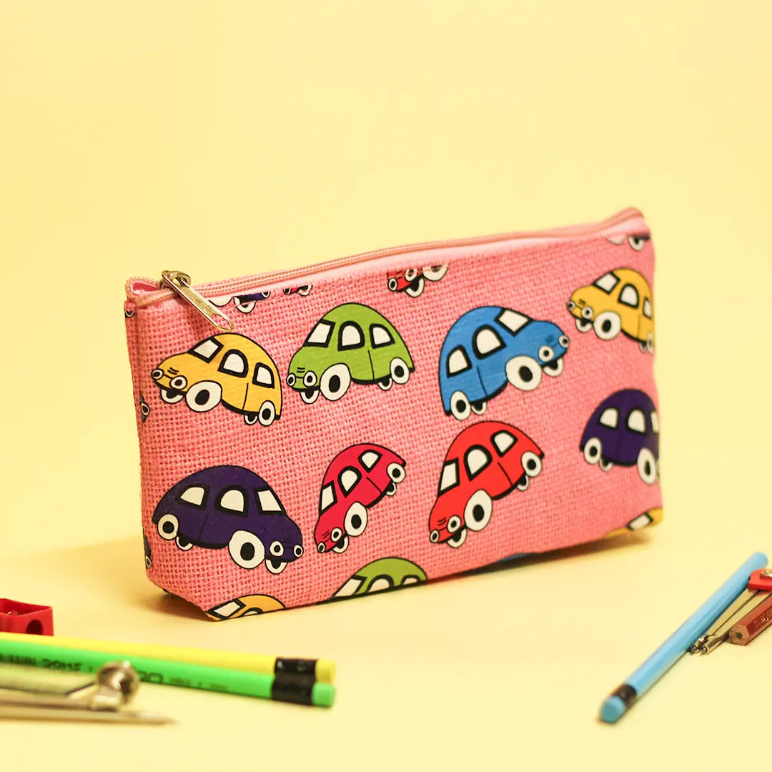 Car Print Single Zip Jute Pouch