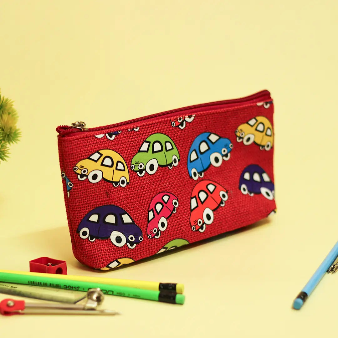 Car Print Single Zip Jute Pouch