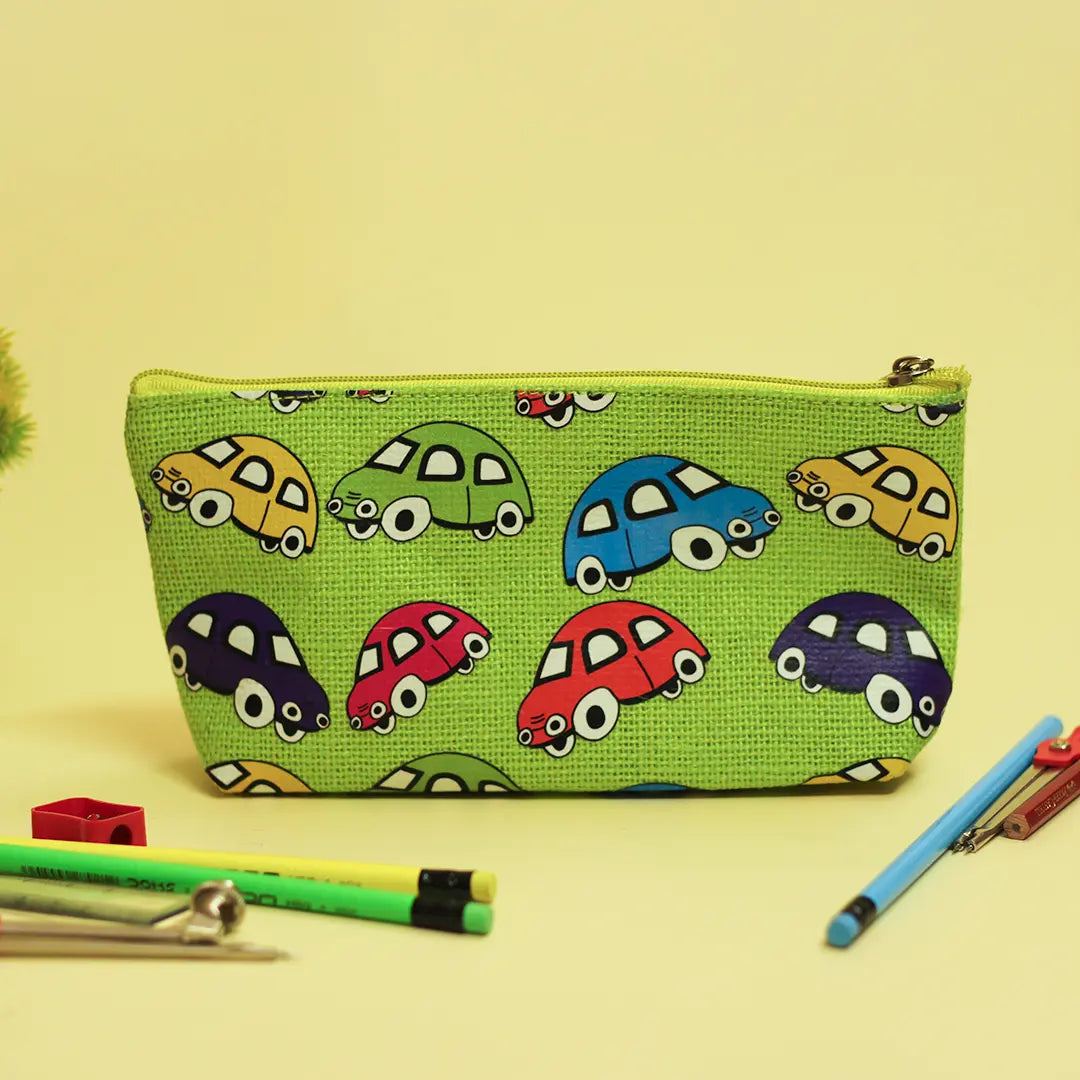 Car Print Single Zip Jute Pouch