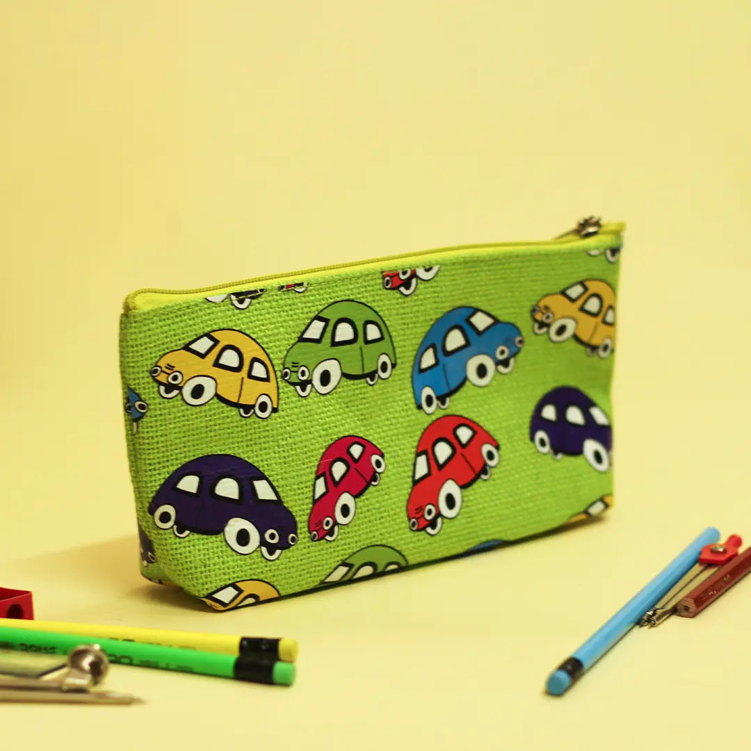 Car Print Single Zip Jute Pouch