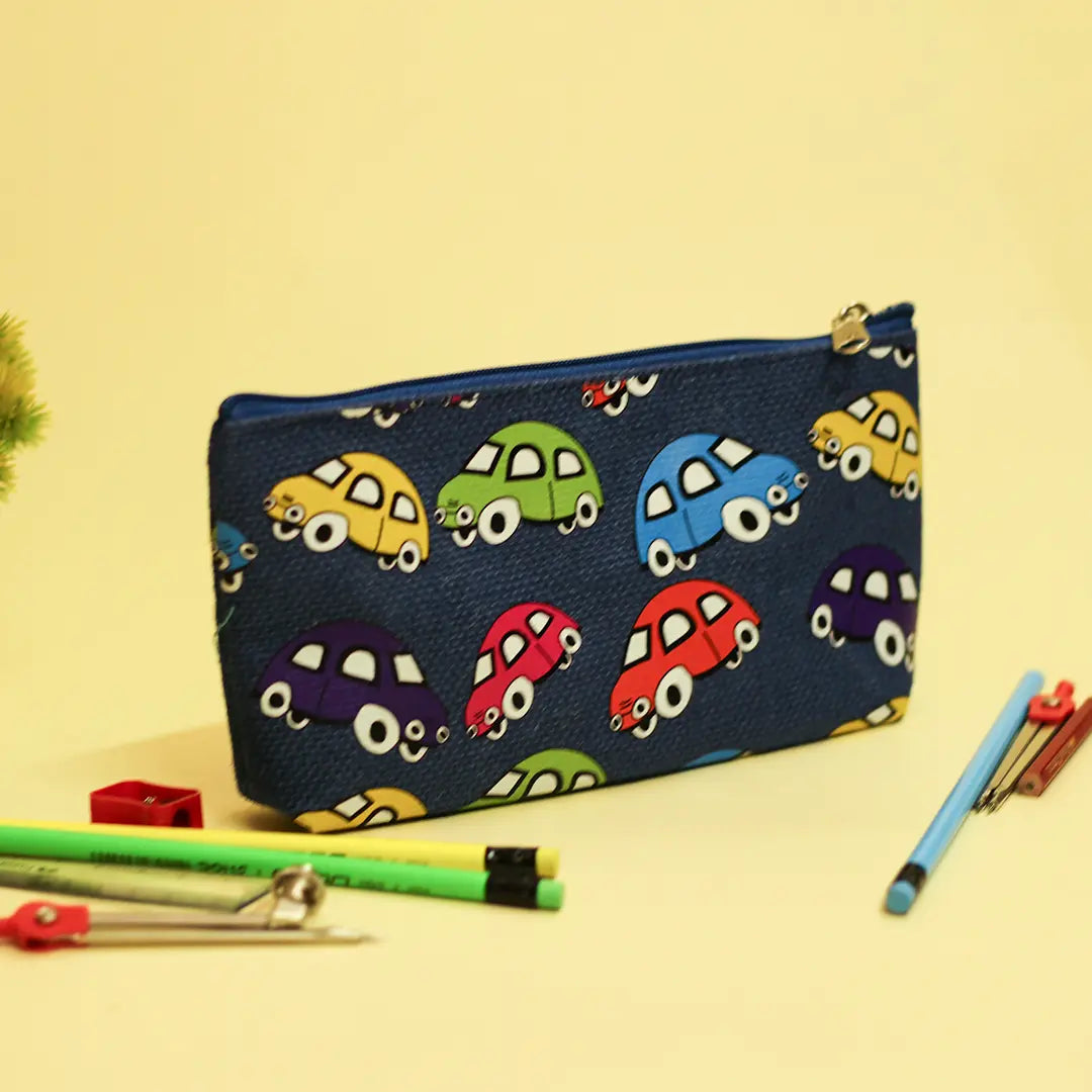 Car Print Single Zip Jute Pouch