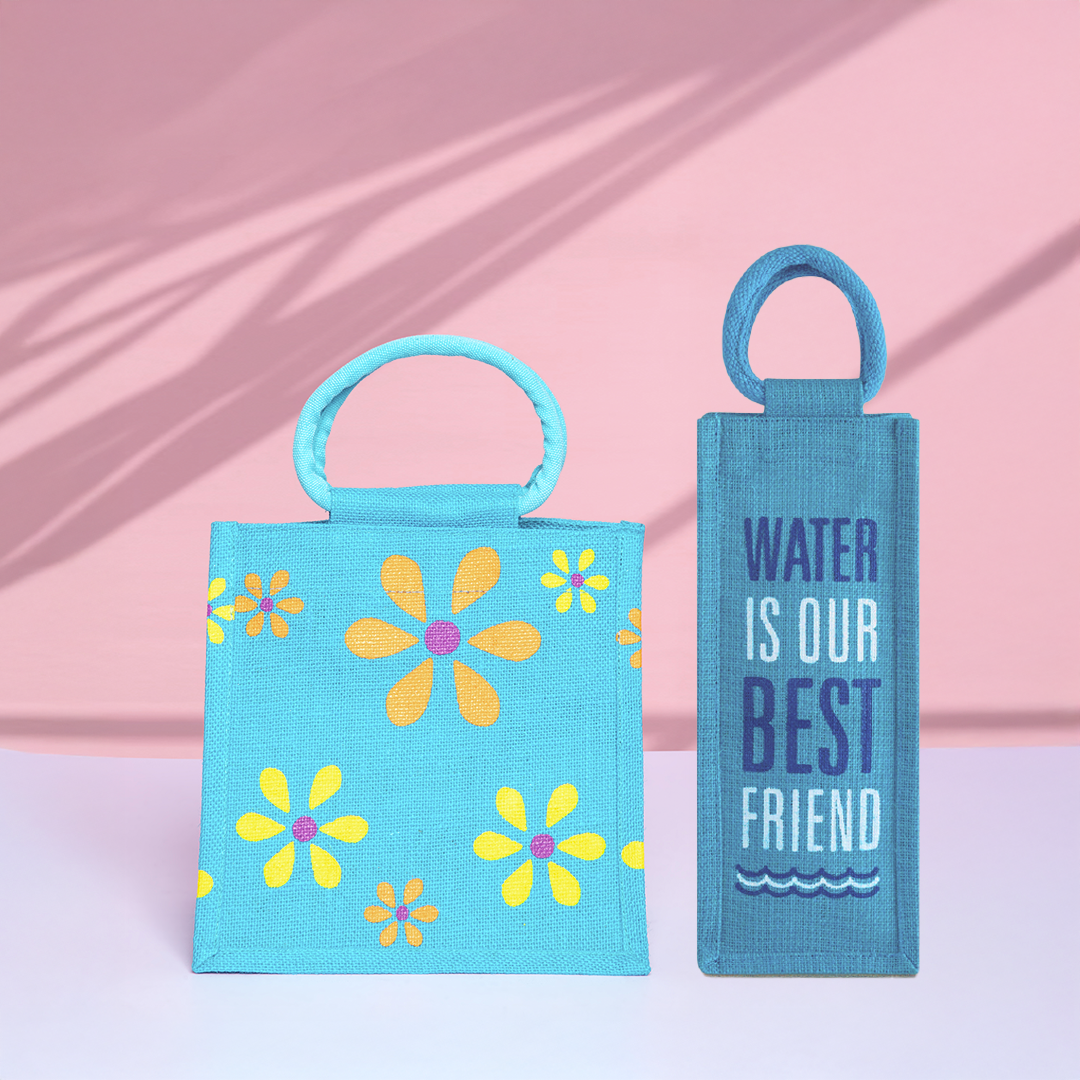 Combo of Jute Multiflower Lunch Bag and Water is Our Best Friend Bottle Bag