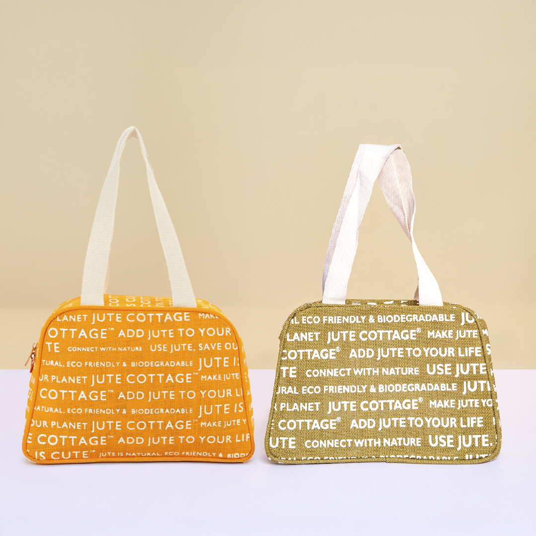 Combo of Jute Yellow and Olive Green Tape Handle Lunch Bags