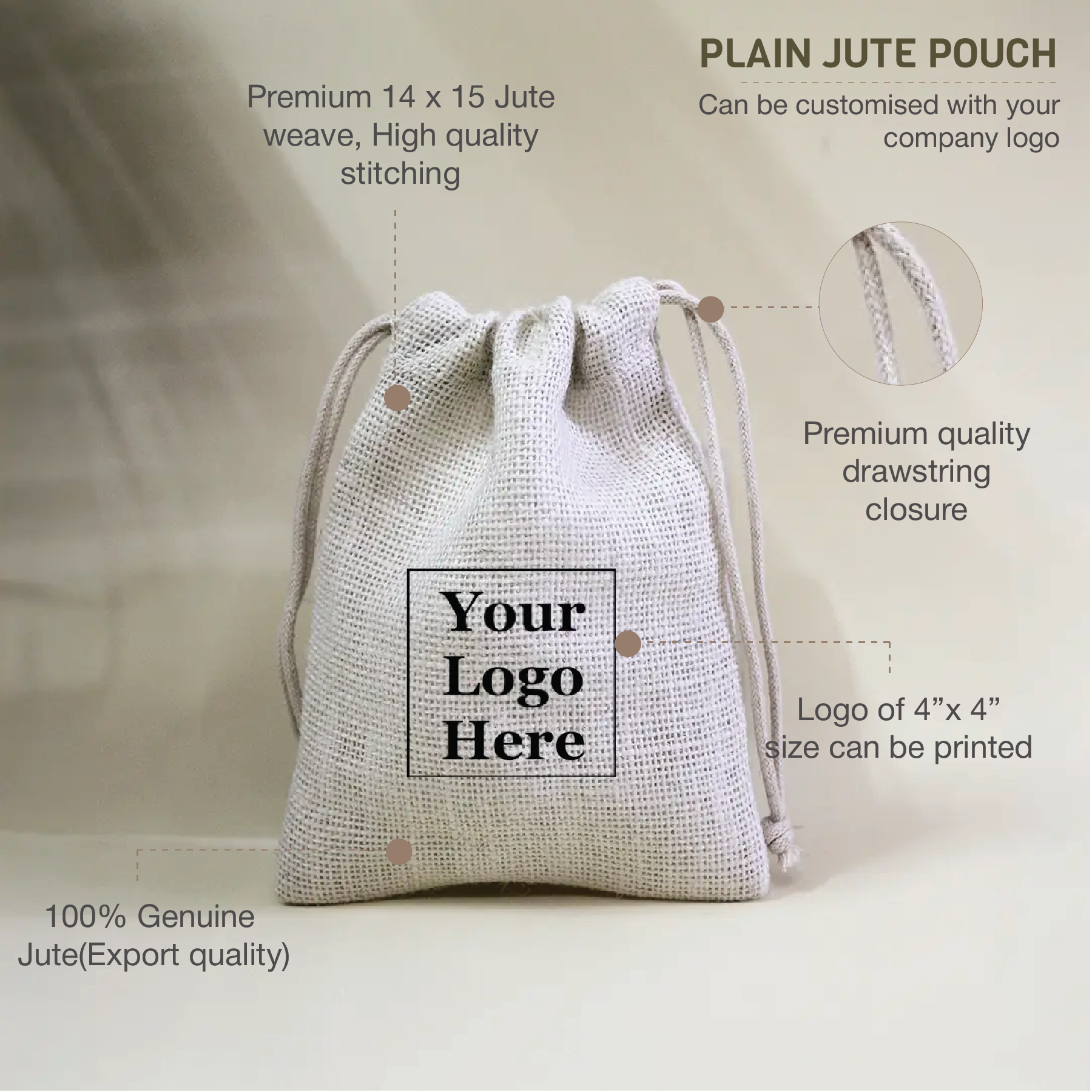 Plain White Jute Pouch (Medium)- Pack of 100