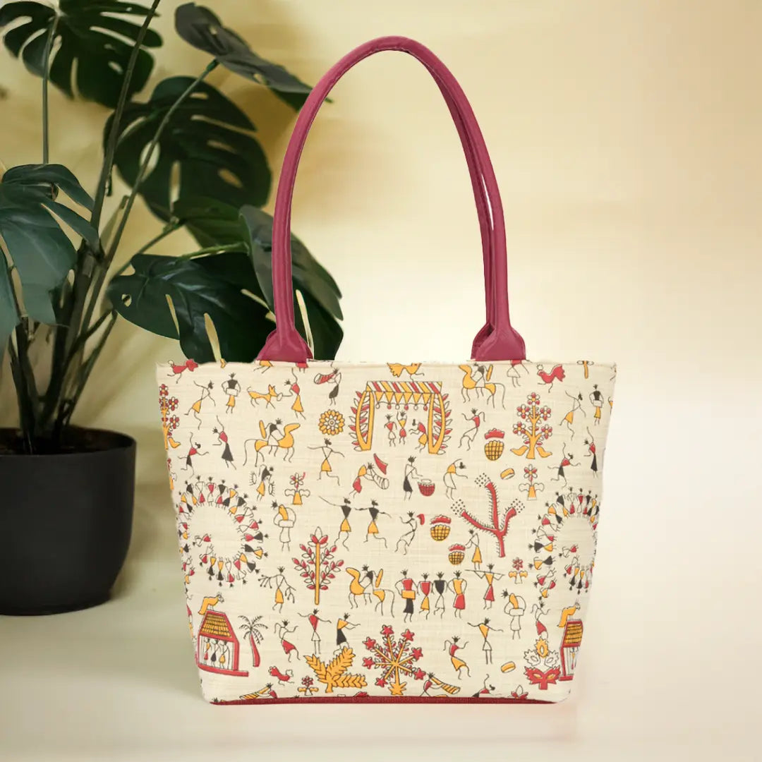 Warli Handbag with maroon handles