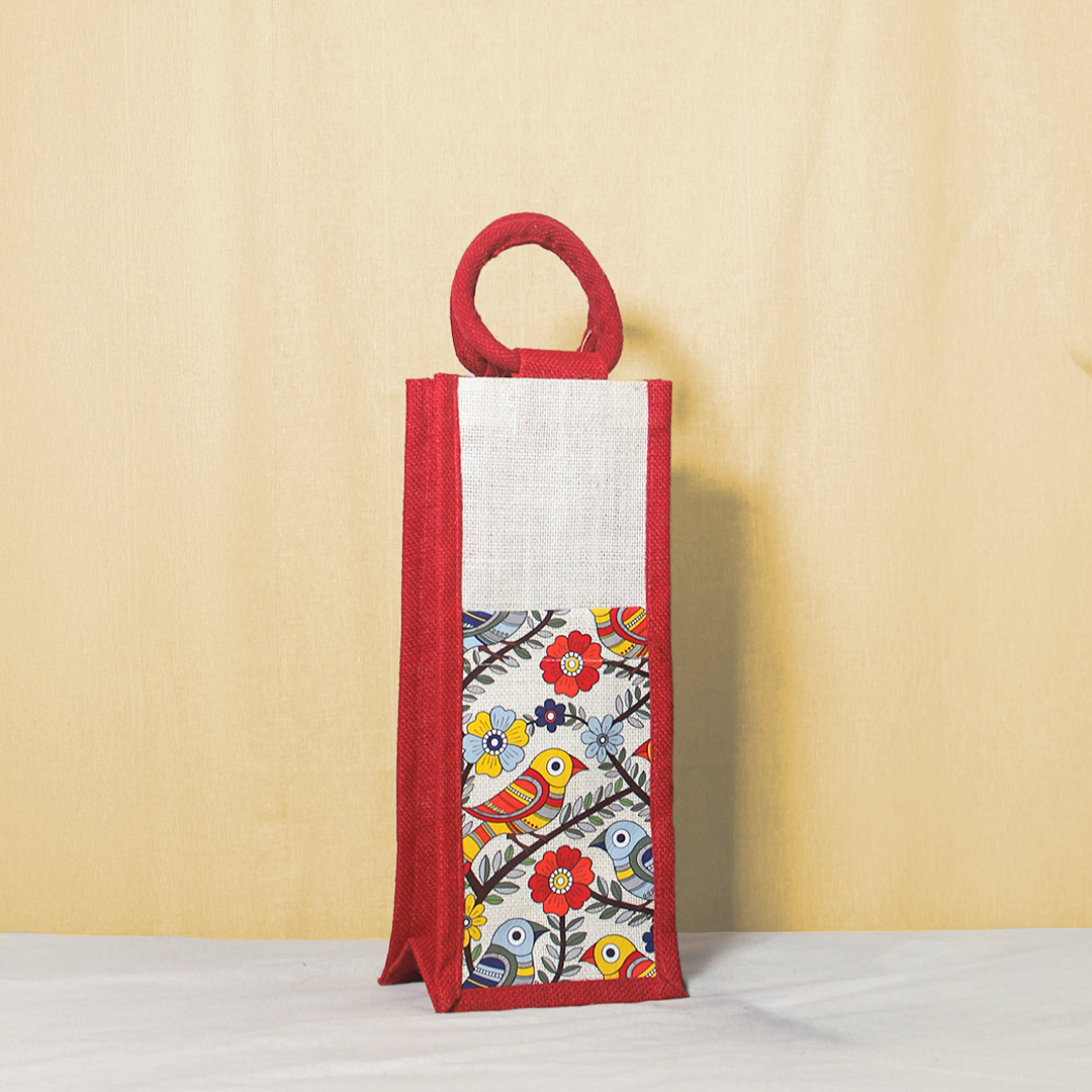Madhubani Bird Jute bottle bag