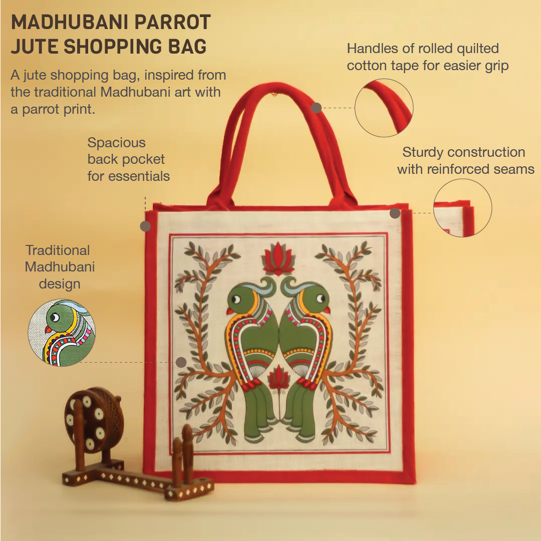 Madhubani Parrot Jute Shopping bag