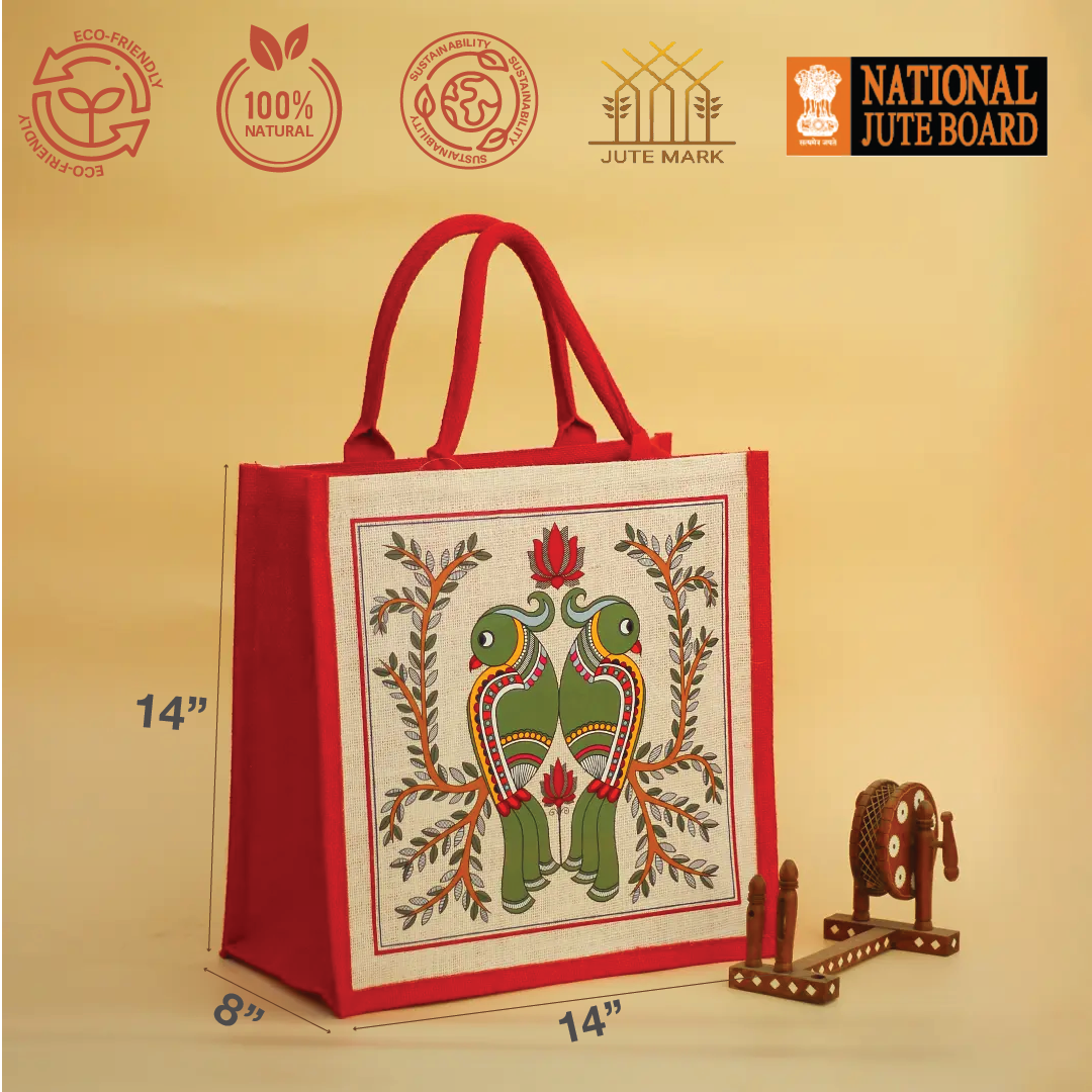 Madhubani Parrot Jute Shopping bag