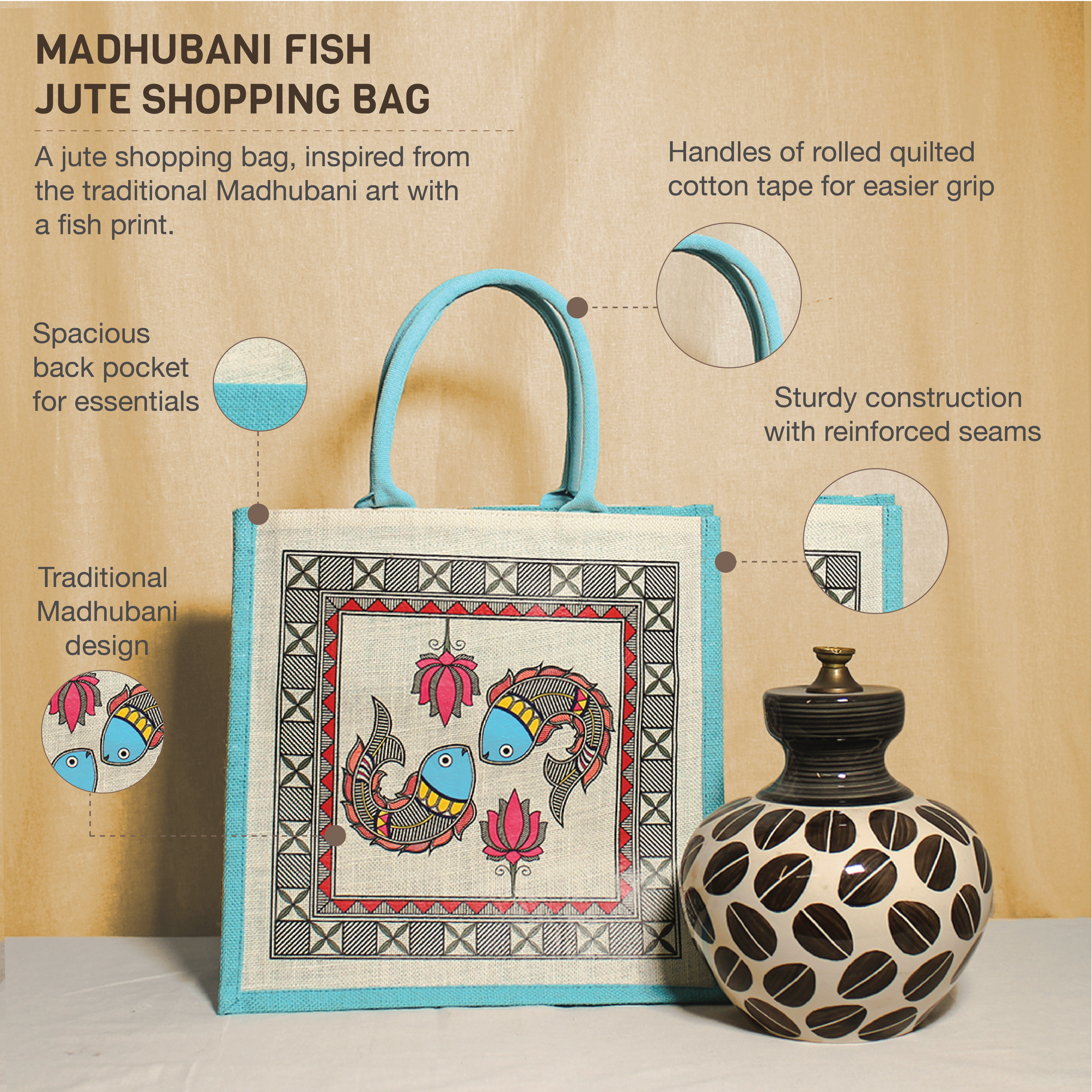 Madhubani fish jute shopping bag