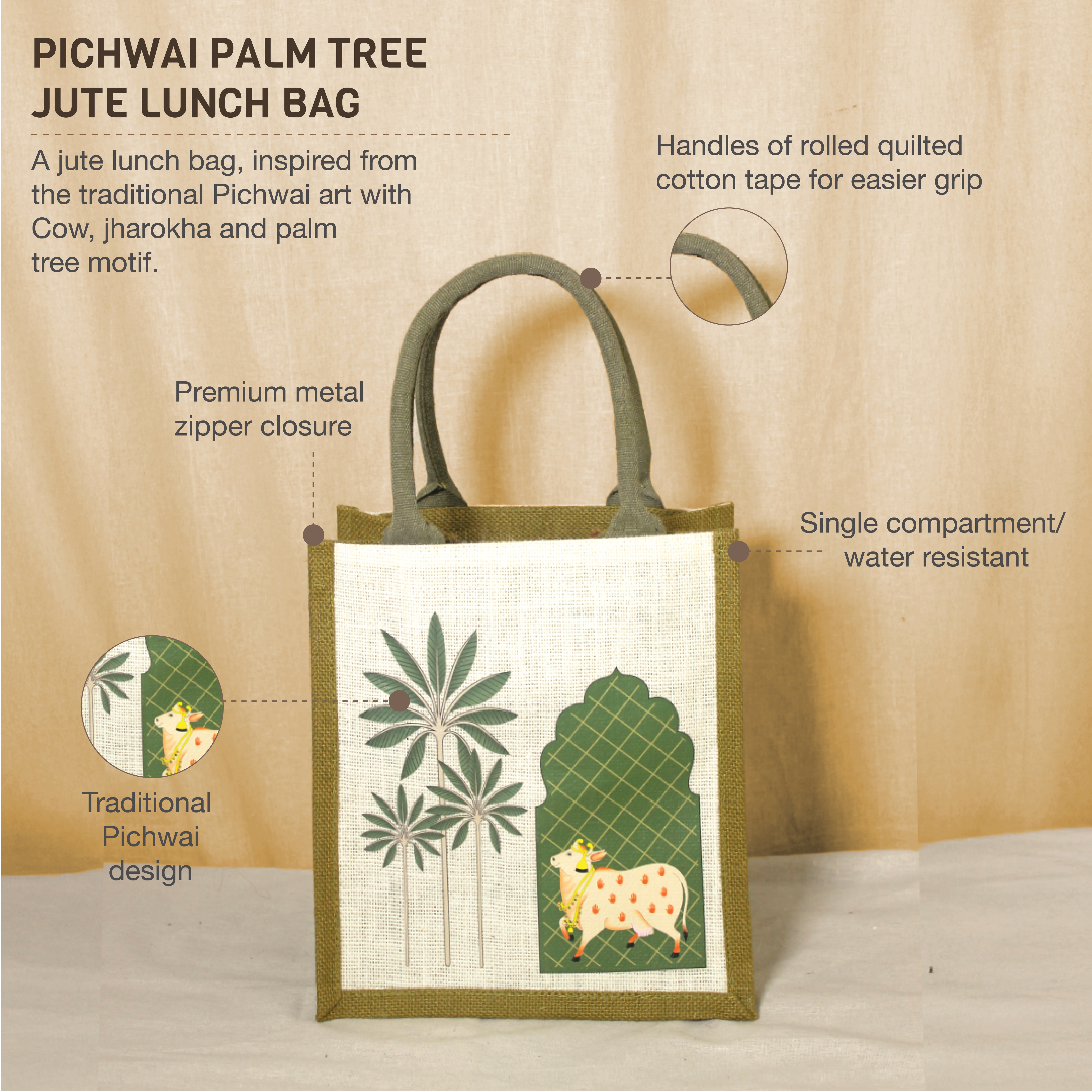 Pichwai Palm tree jute lunch bag