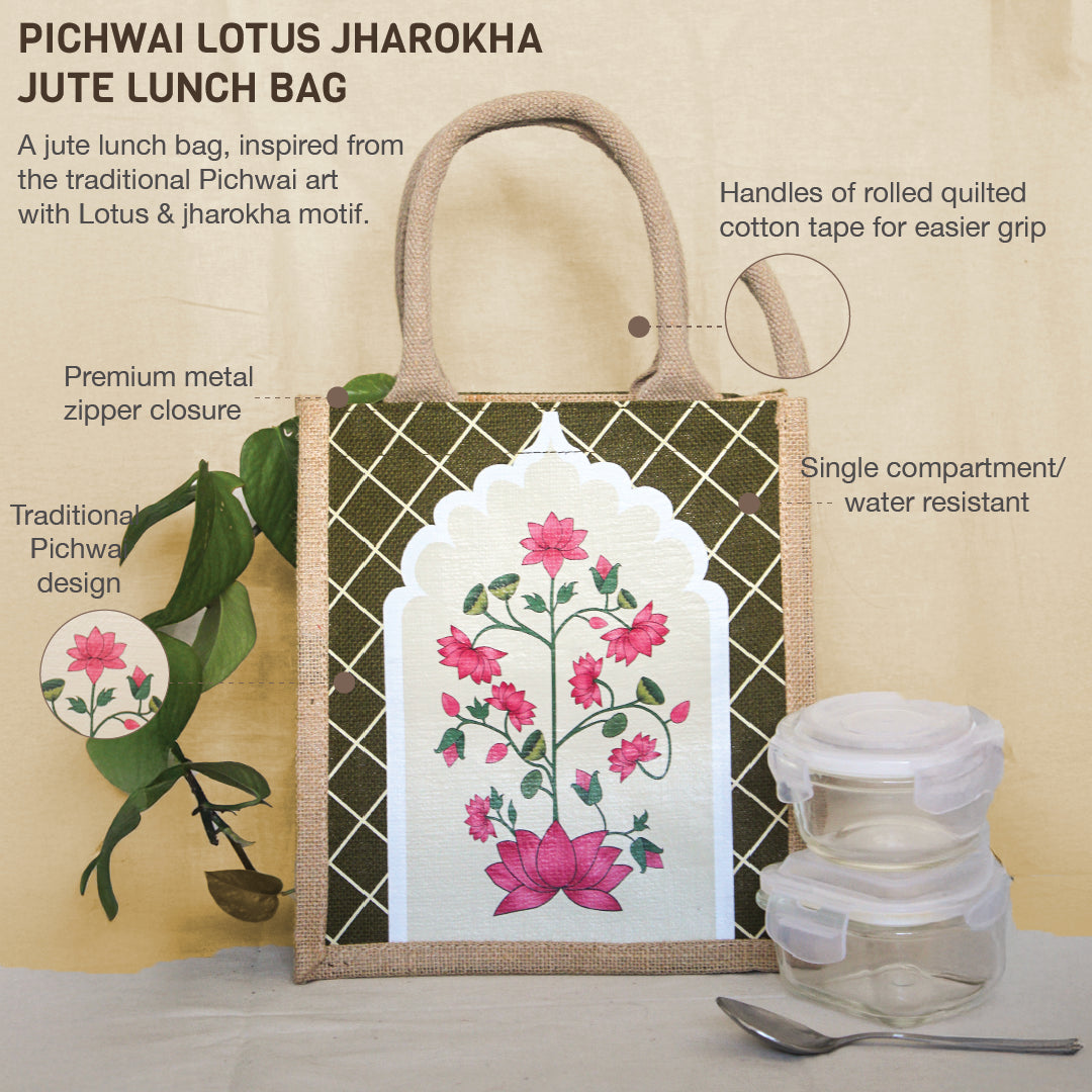 Pichwai Lotus Jharokha Jute Lunch bag