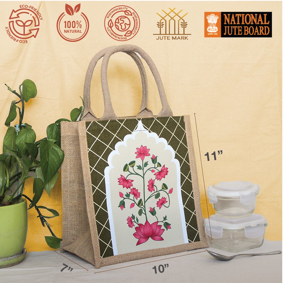 Pichwai Lotus Jharokha Jute Lunch bag