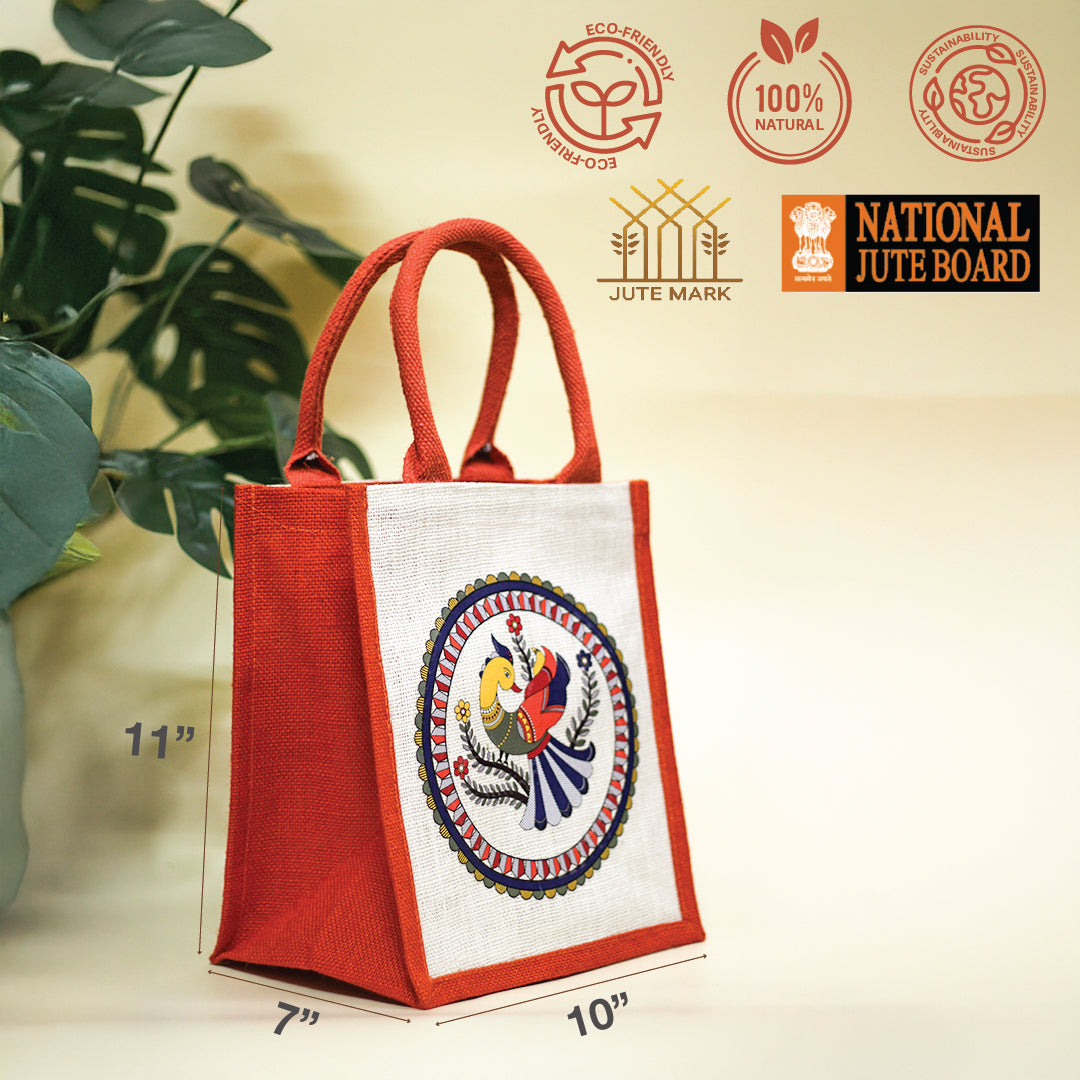 Madhubani Peacock Jute lunch bag