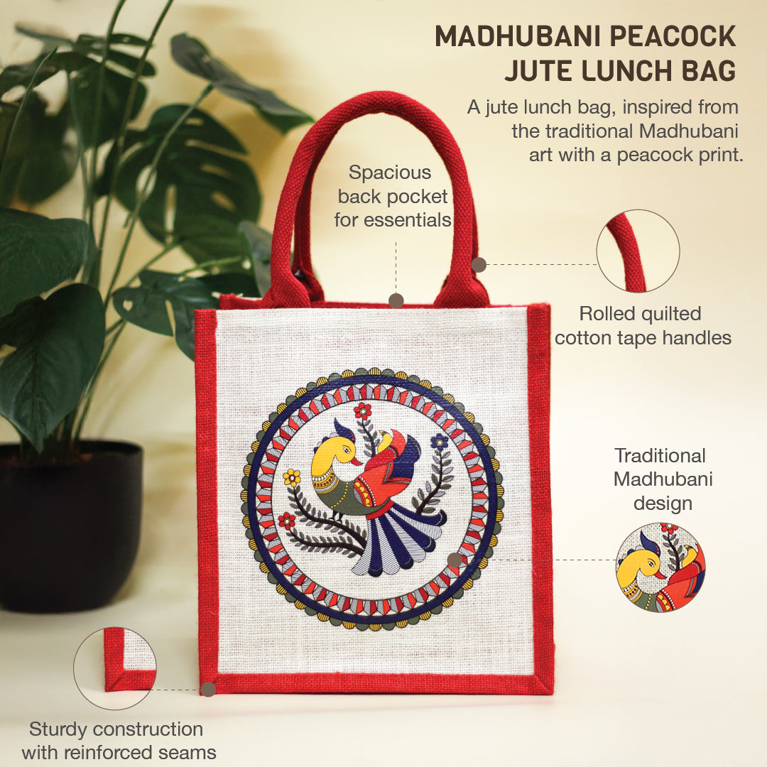 Madhubani Peacock Jute lunch bag