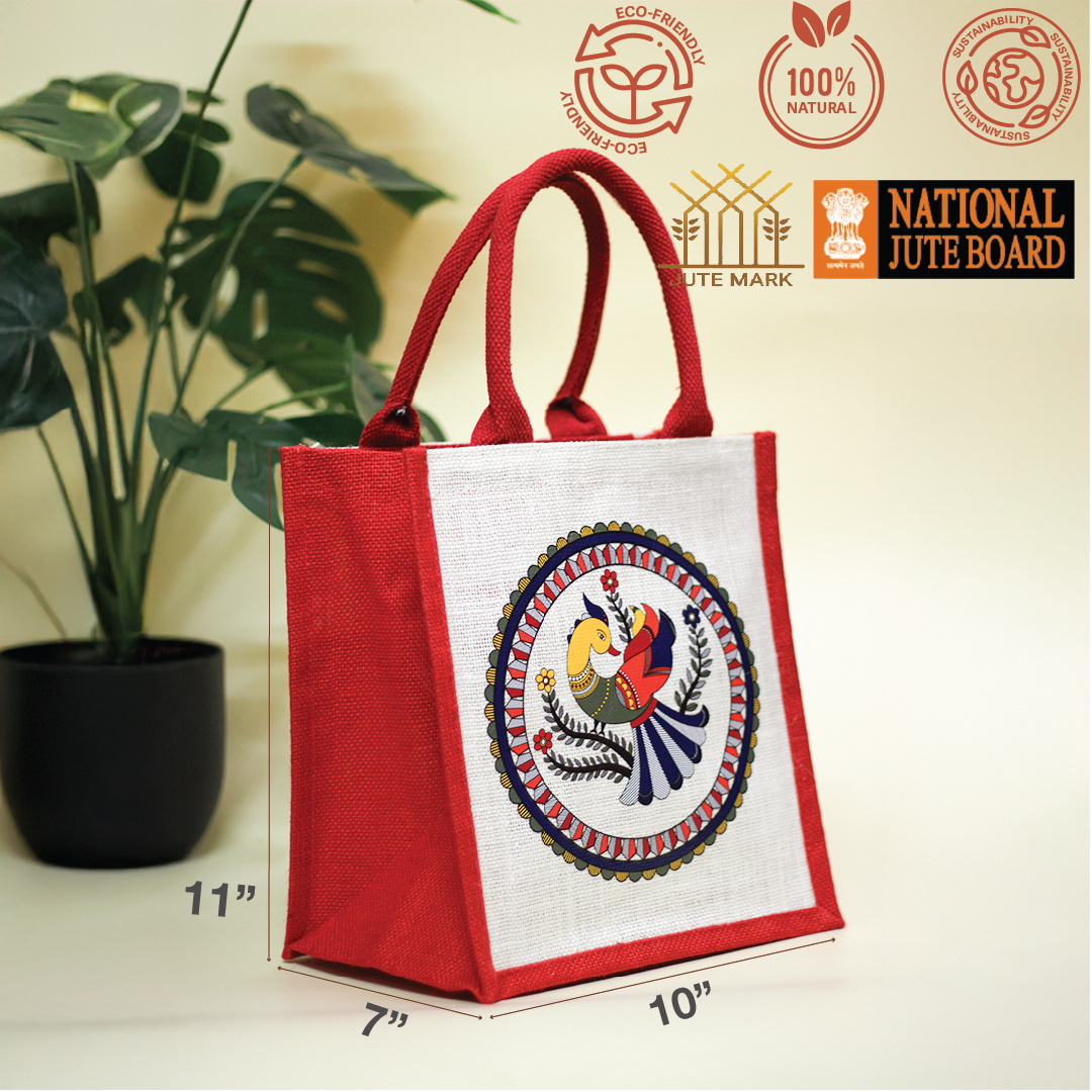Madhubani Peacock Jute lunch bag
