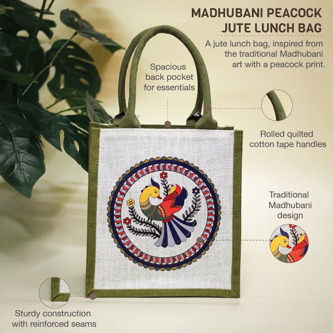 Madhubani Peacock Jute lunch bag