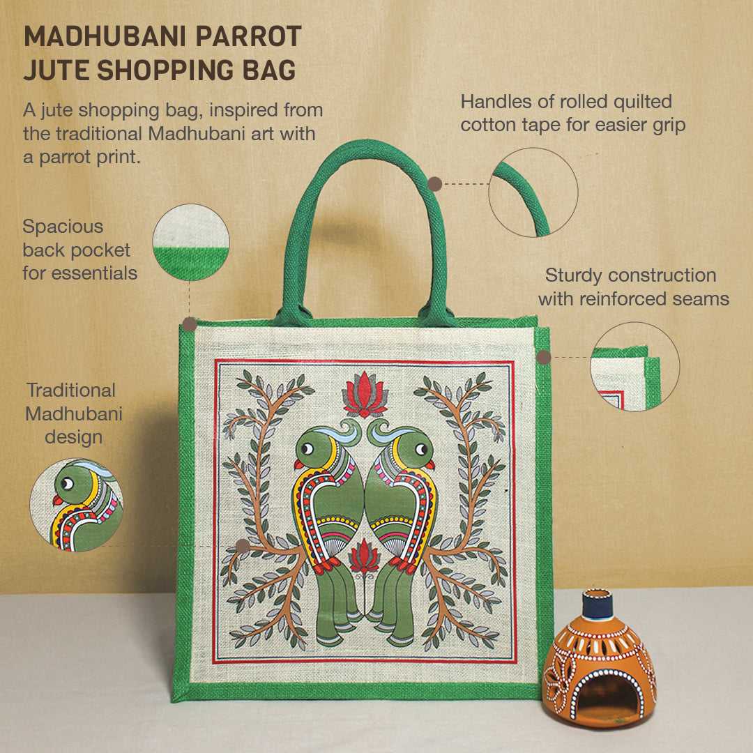 Madhubani Parrot Jute Shopping bag