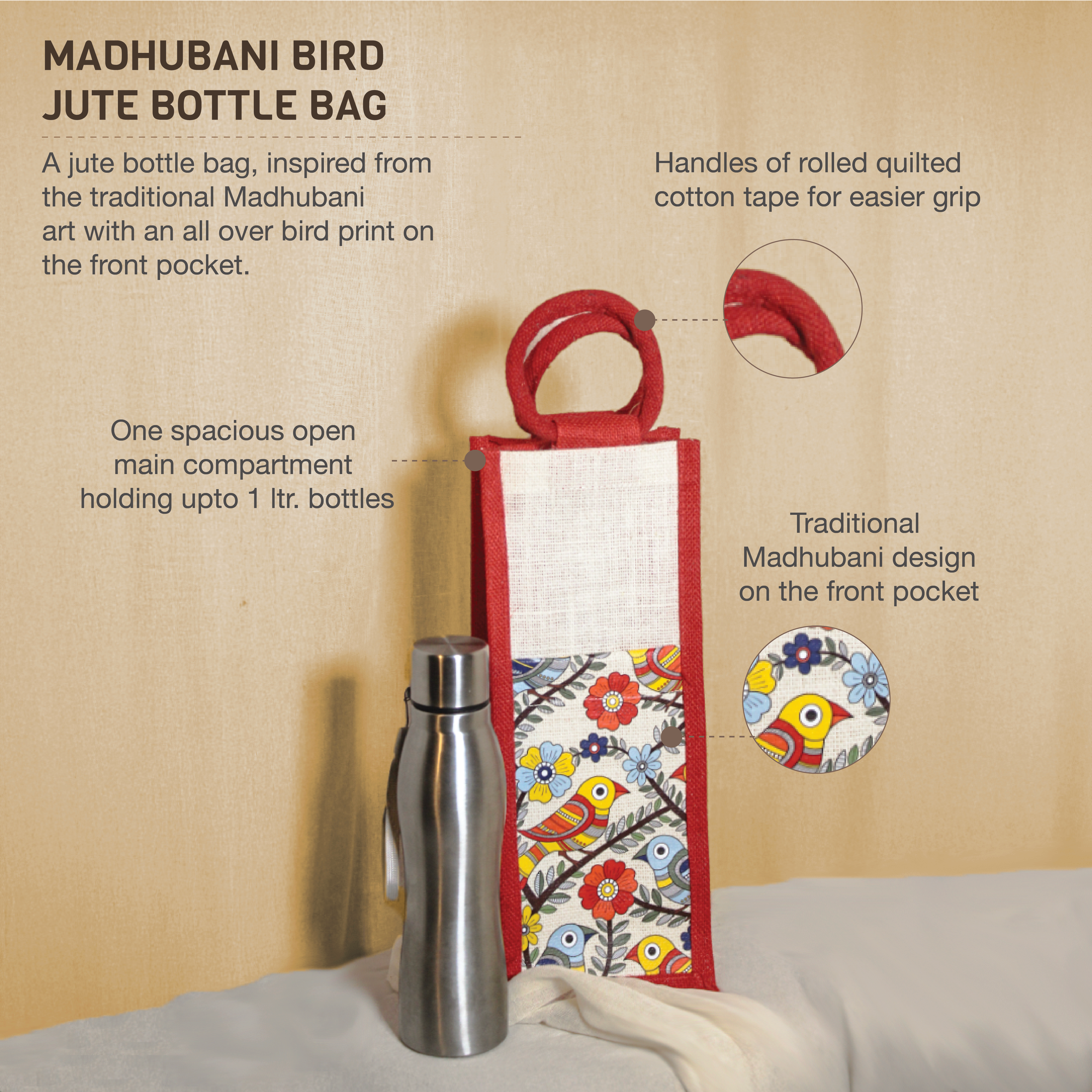 Madhubani Bird Jute bottle bag