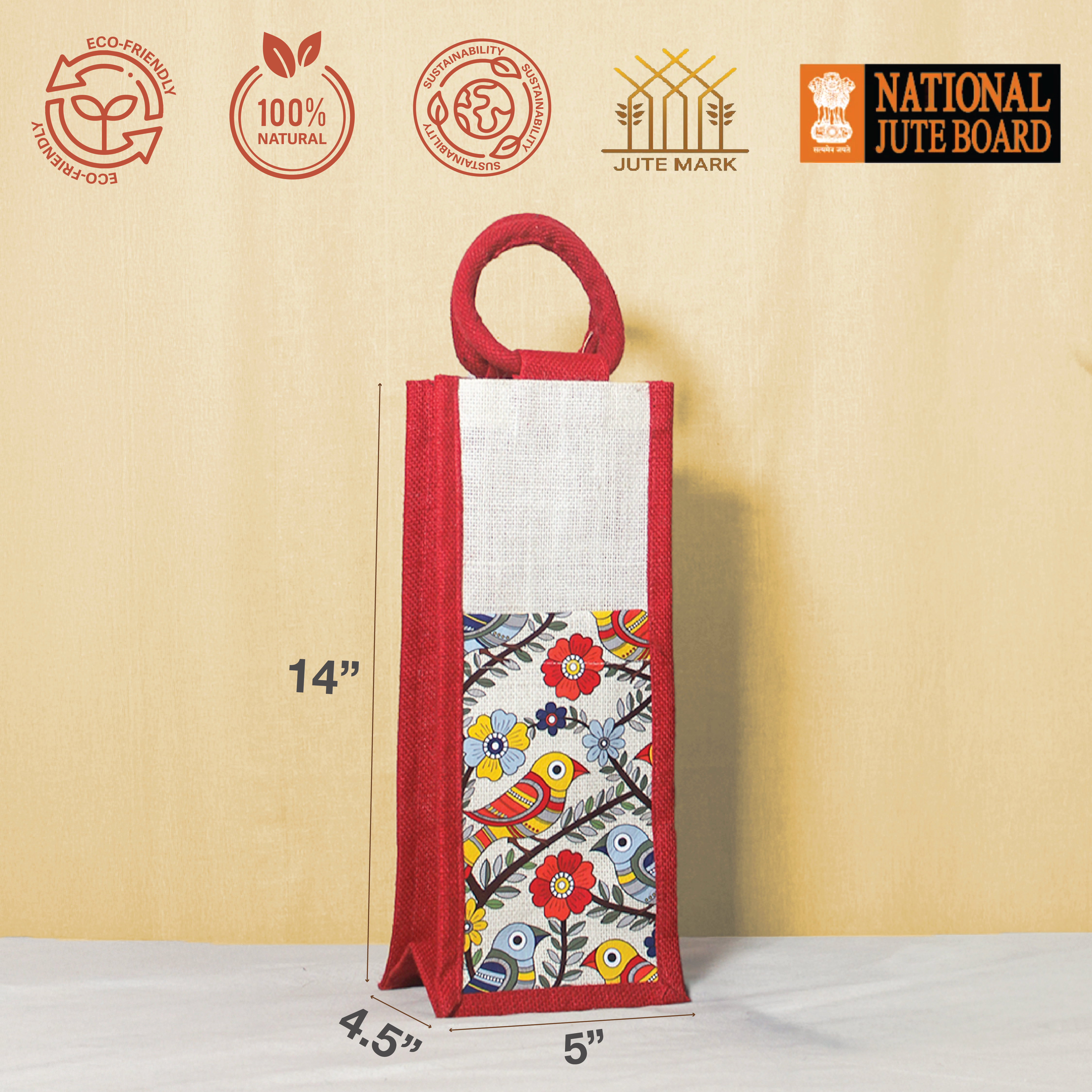 Madhubani Bird Jute bottle bag