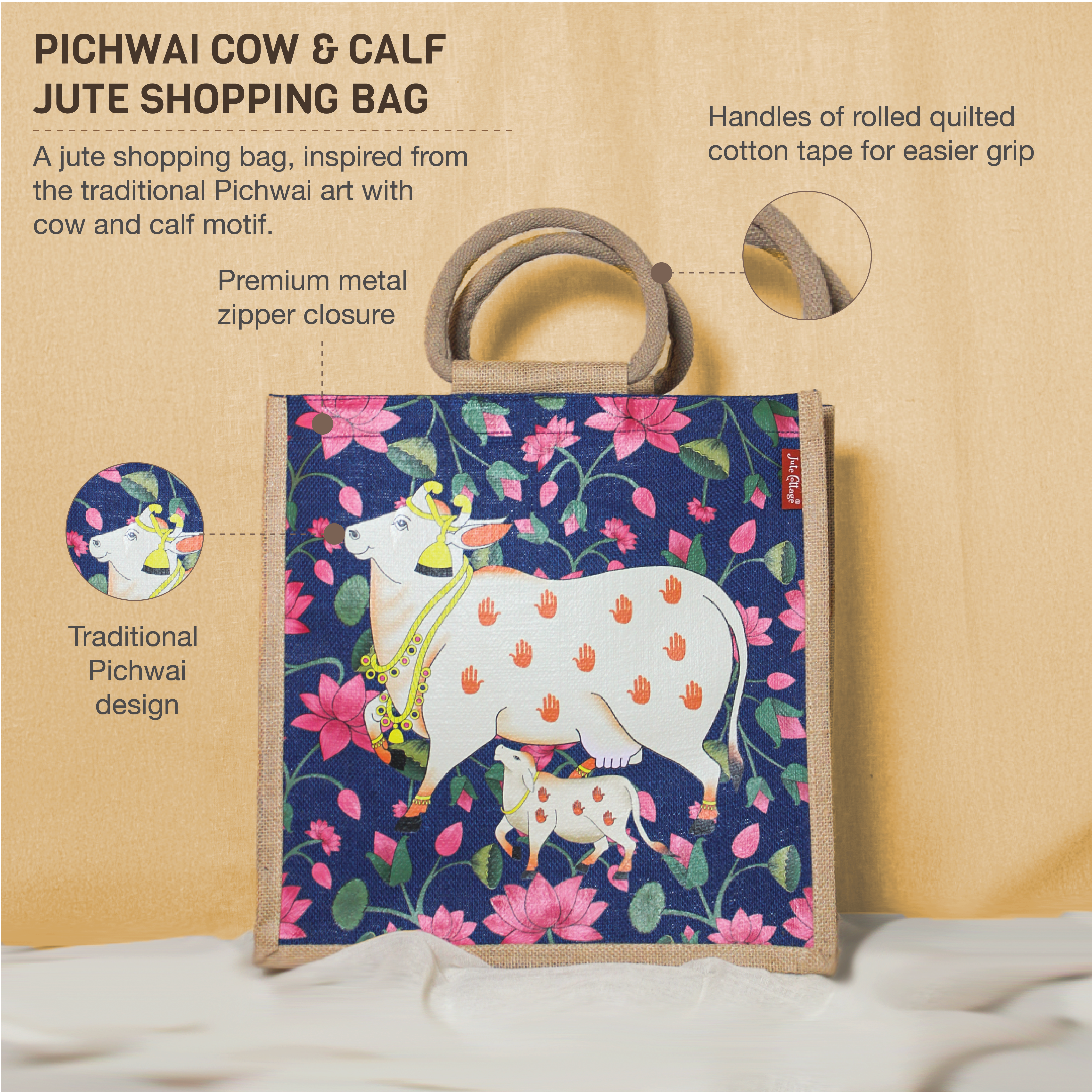 Pichwai Cow & Calf shopping bag