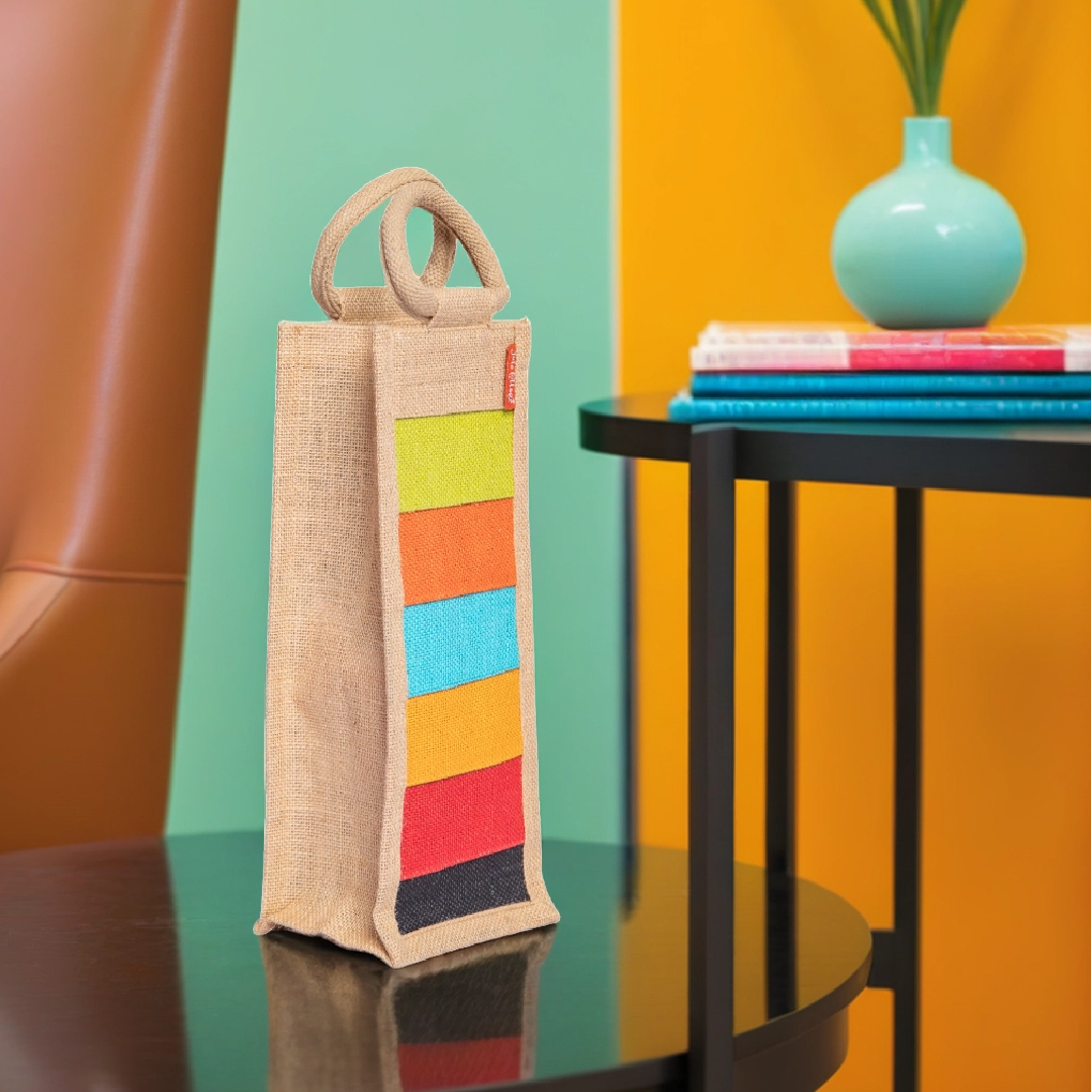 Multicolor Patchwork Jute Bottle Bag