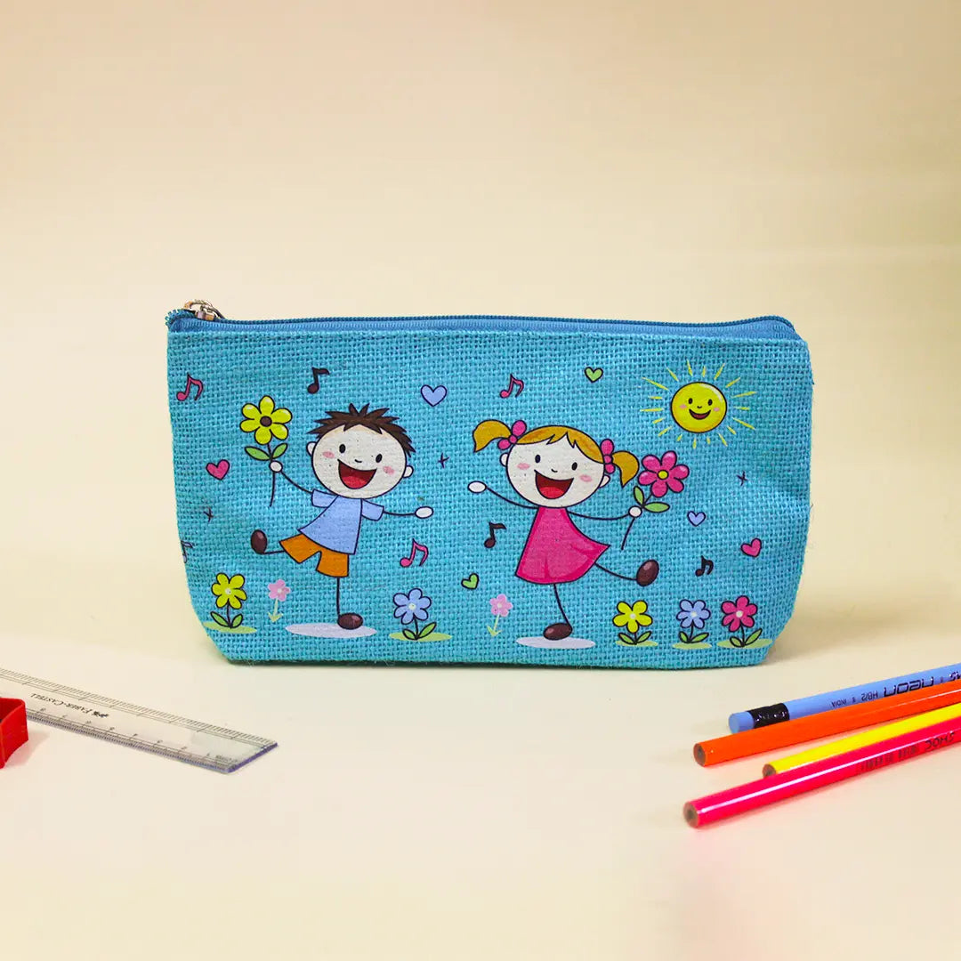Playful Friends Jute Pencil Pouch