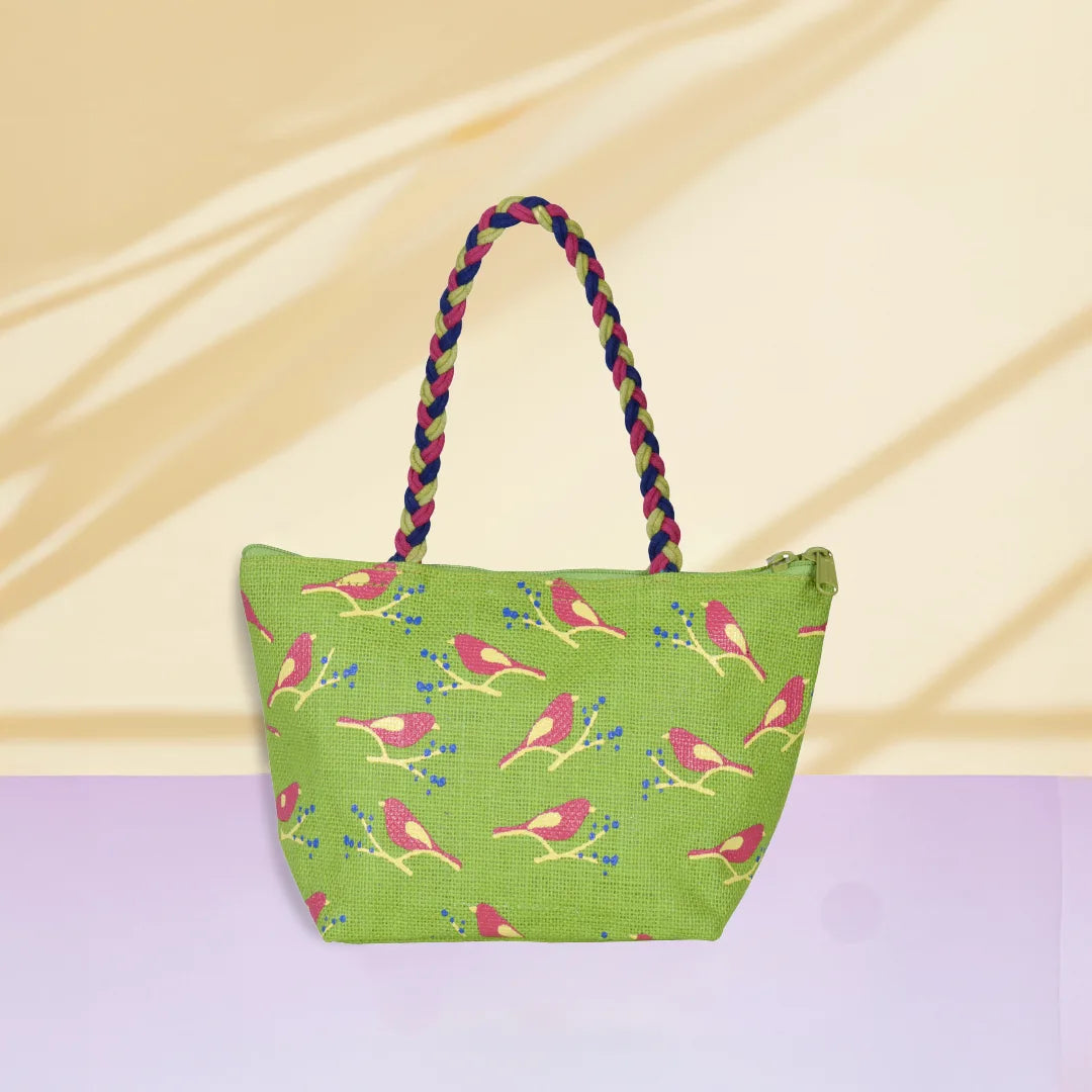 Bird print Mini Wristlet jute bag large(D-lock)