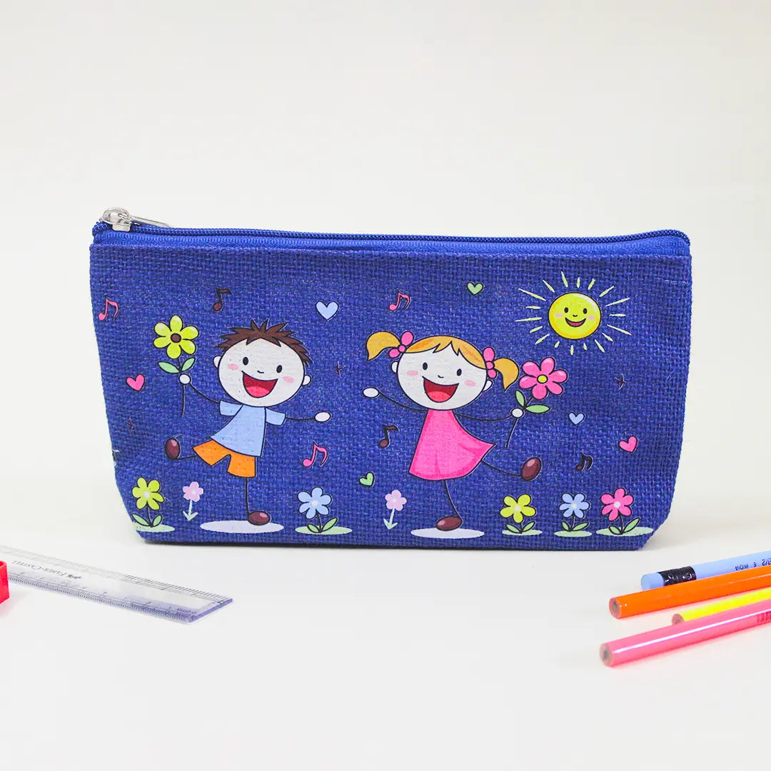 Playful Friends Jute Pencil Pouch