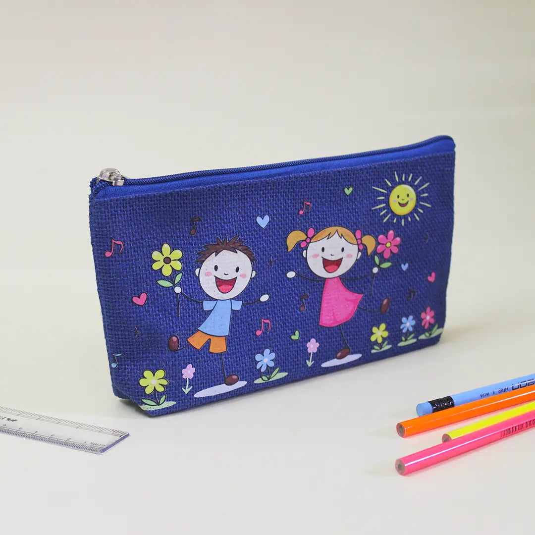 Playful Friends Jute Pencil Pouch