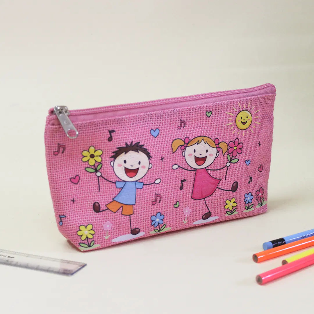 Playful Friends Jute Pencil Pouch