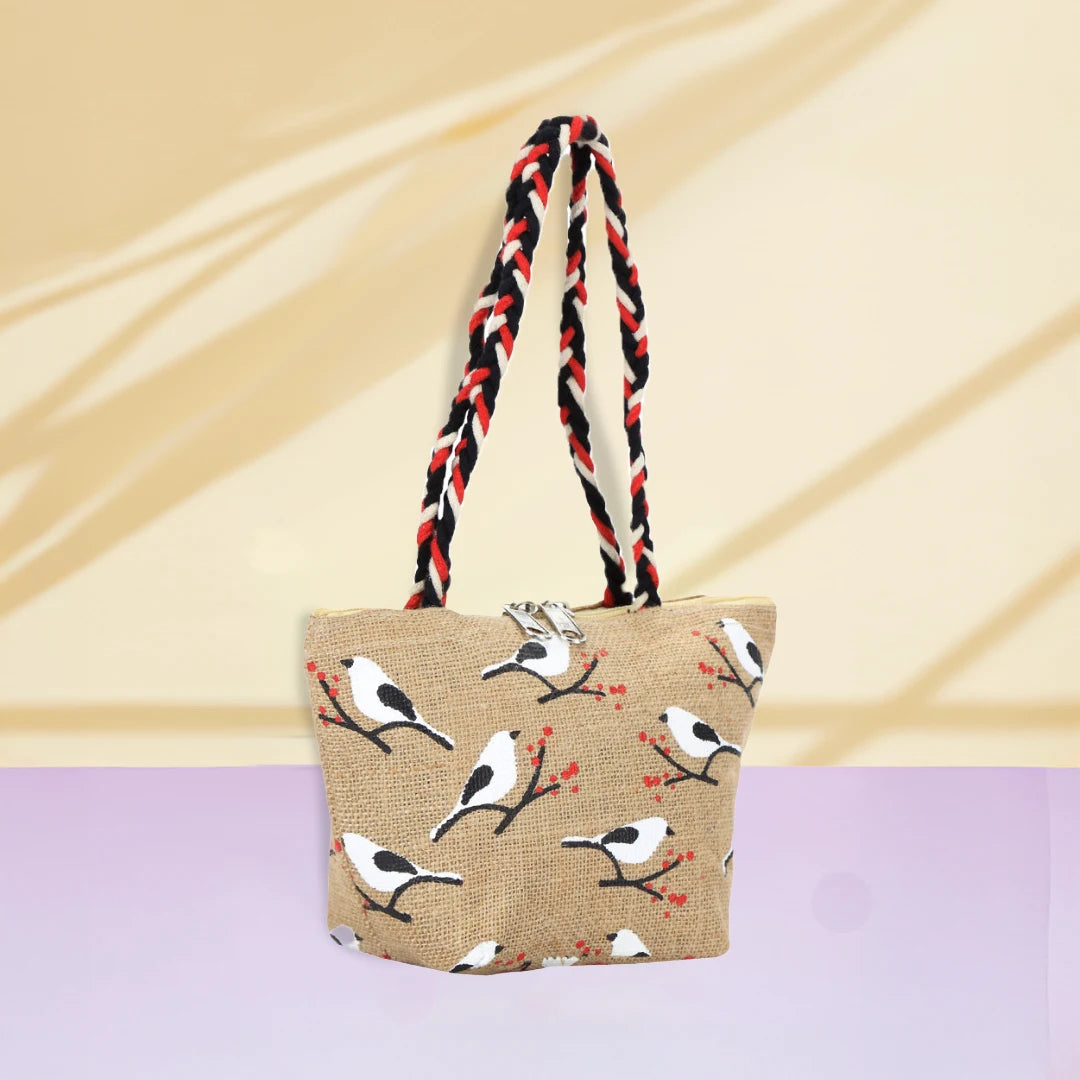 Bird print Mini Wristlet jute bag(D-lock)