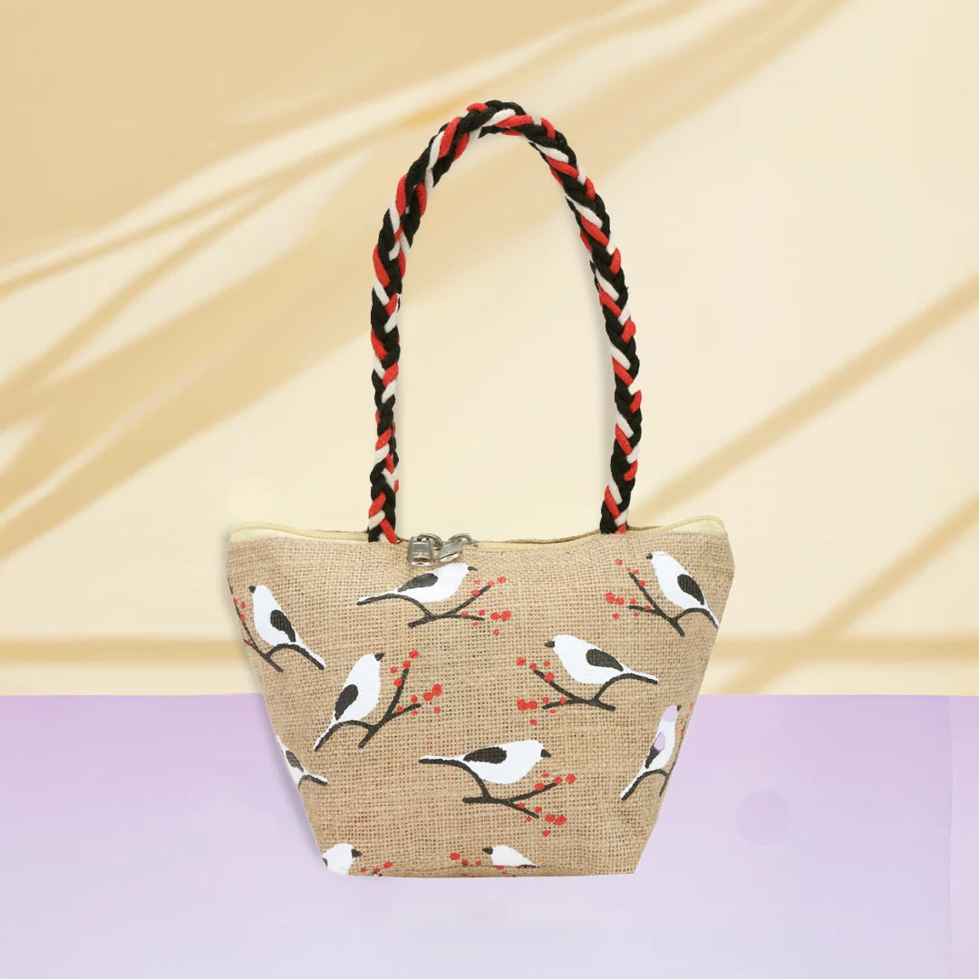 Bird print Mini Wristlet jute bag(D-lock)