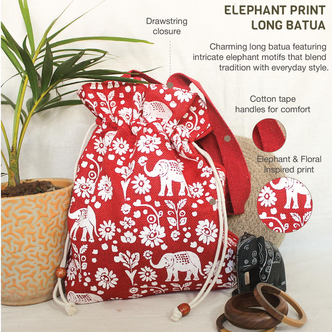 Elephant Print Jute Potli Style Bag
