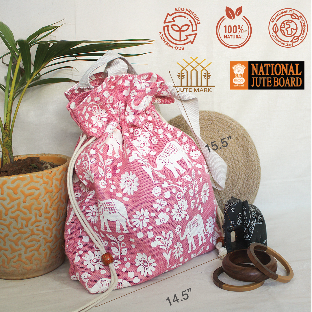 Elephant Print Jute Potli Style Bag