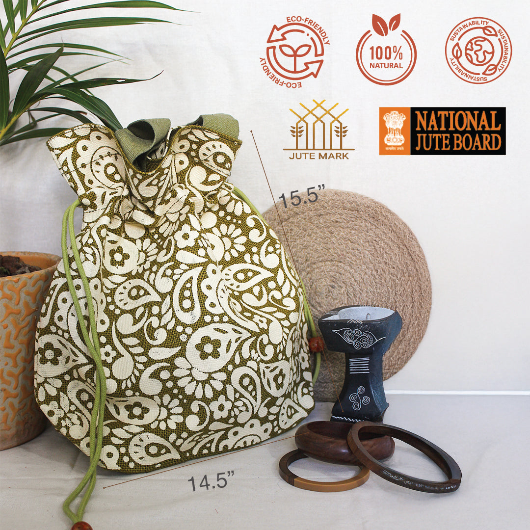 Paisley Print Jute Potli Style Bag