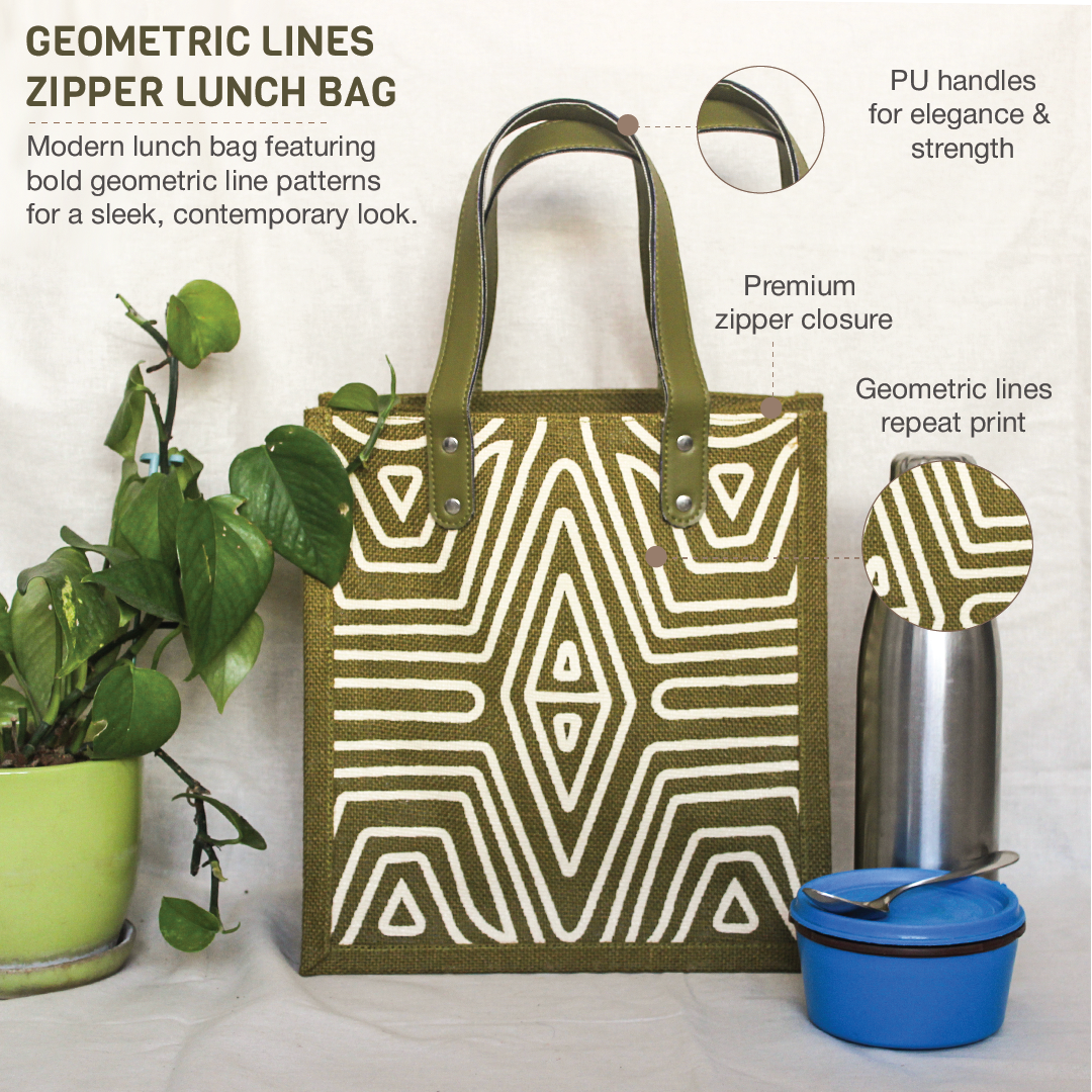 Geometric Lines Jute Lunch bag
