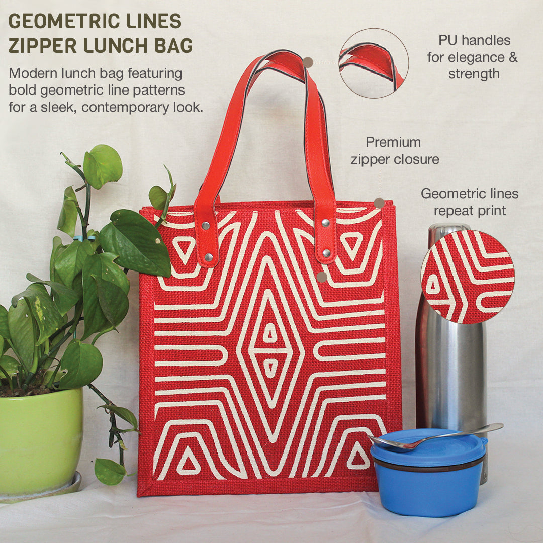 Geometric Lines Jute Lunch bag