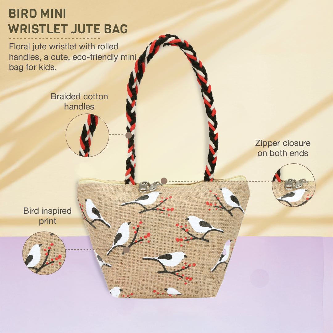 Bird print Mini Wristlet jute bag(D-lock)