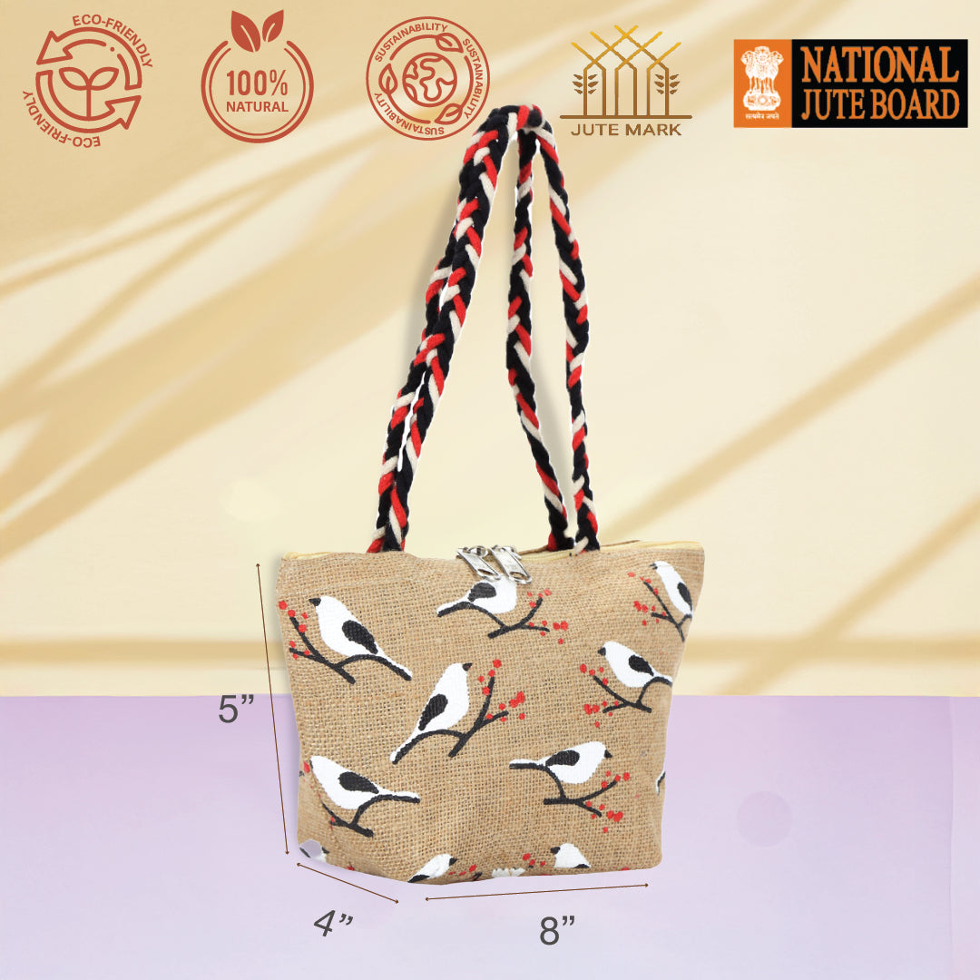 Bird print Mini Wristlet jute bag(D-lock)