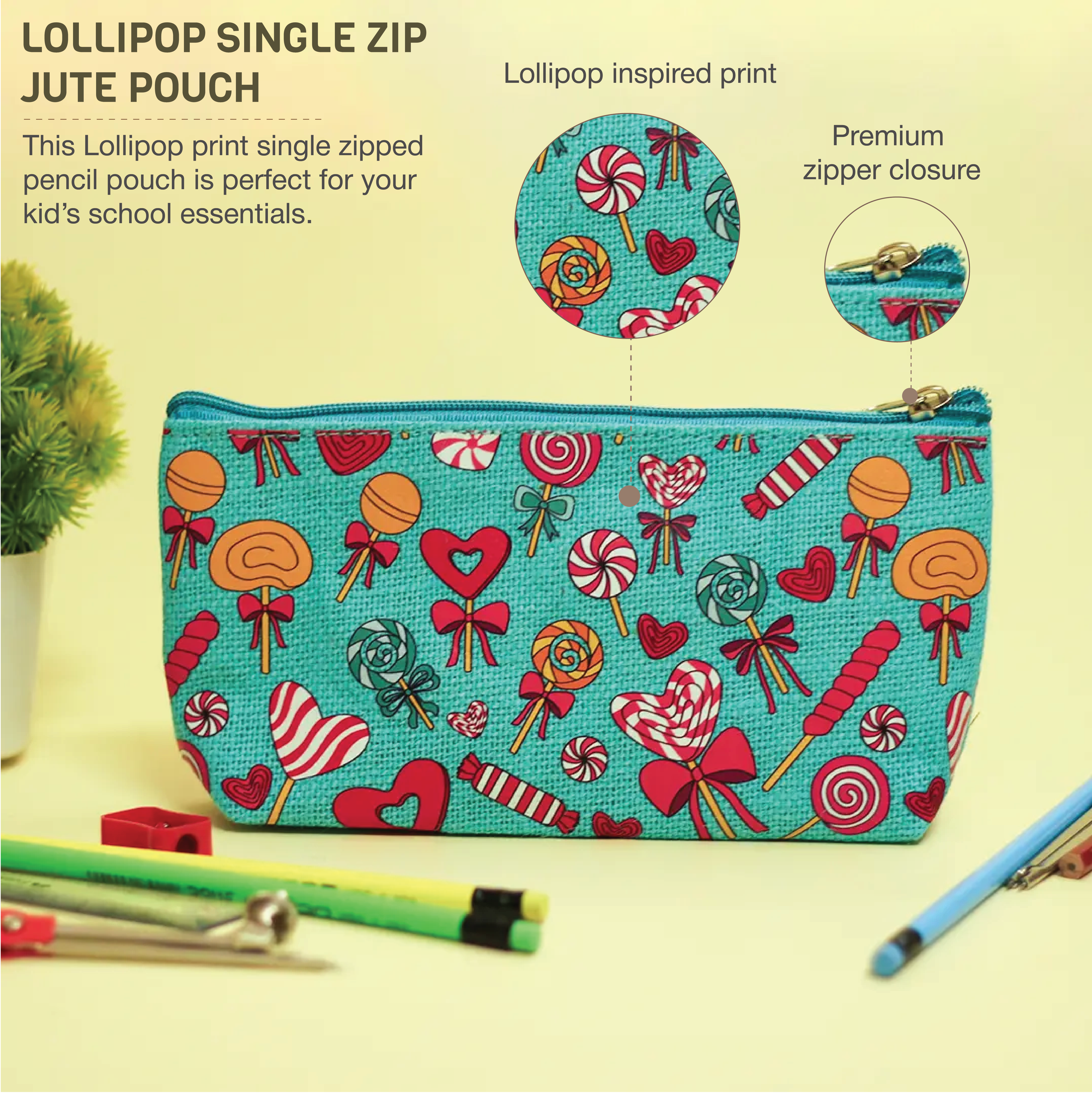 Lollipop Print Single Zip Jute Pouch