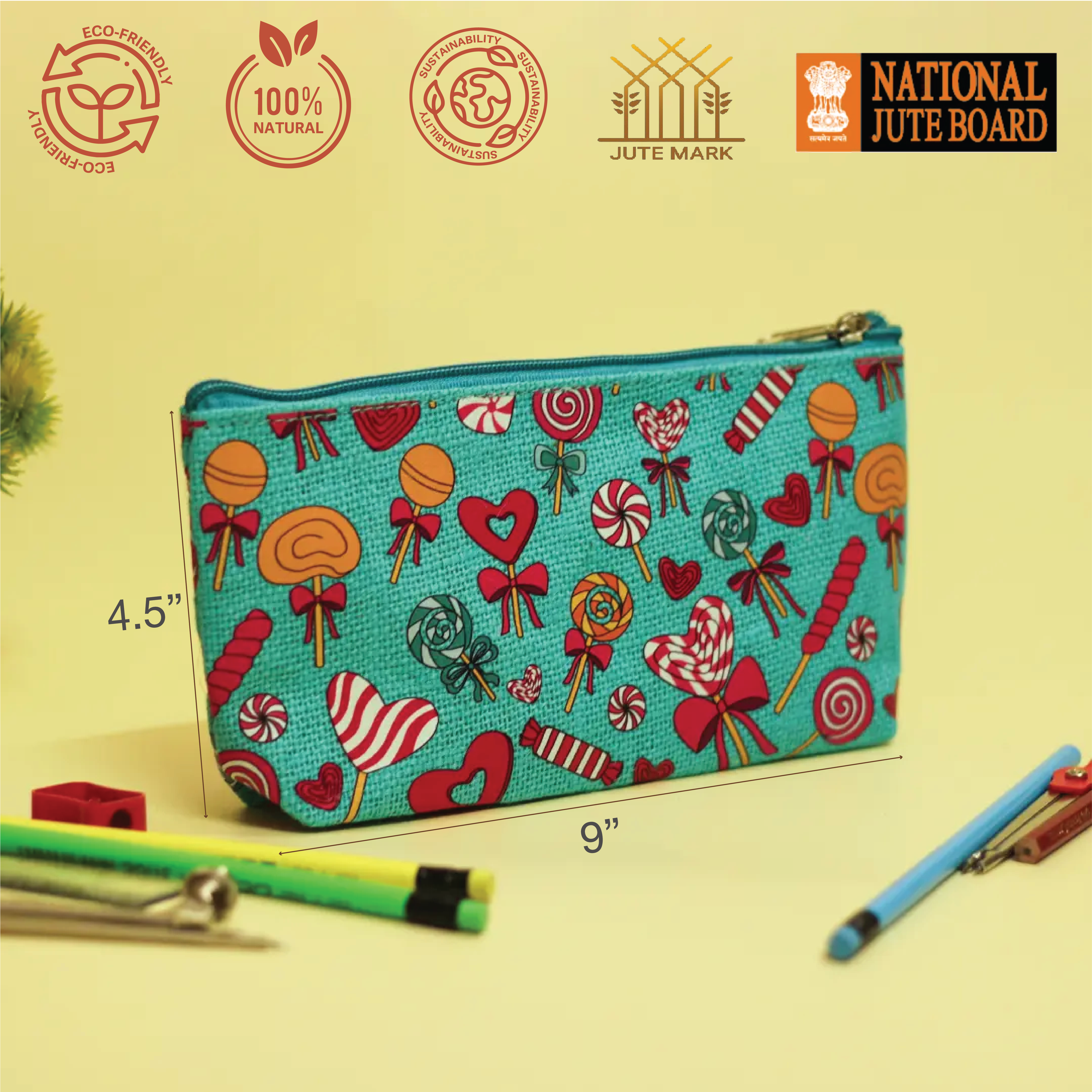 Lollipop Print Single Zip Jute Pouch