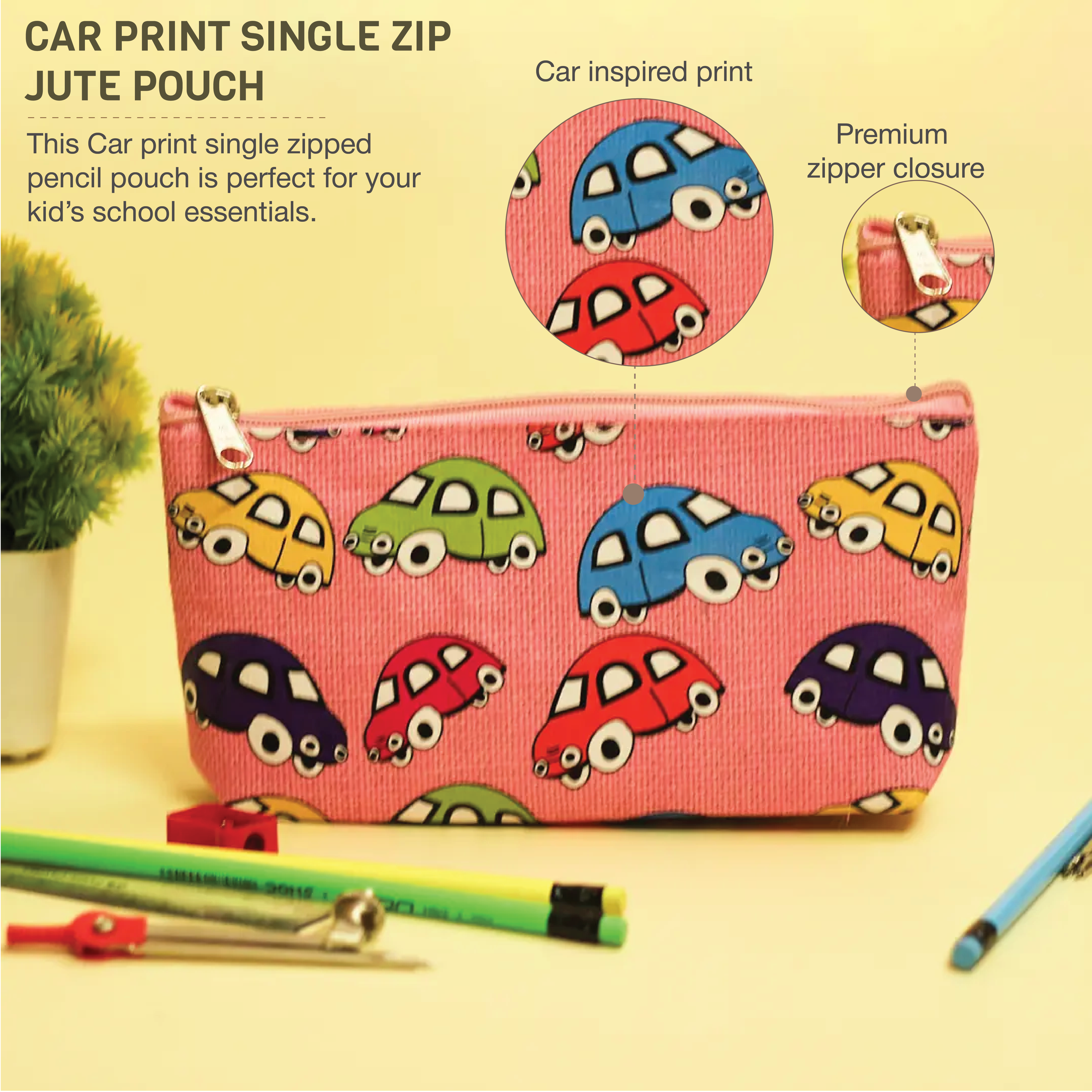 Car Print Single Zip Jute Pouch