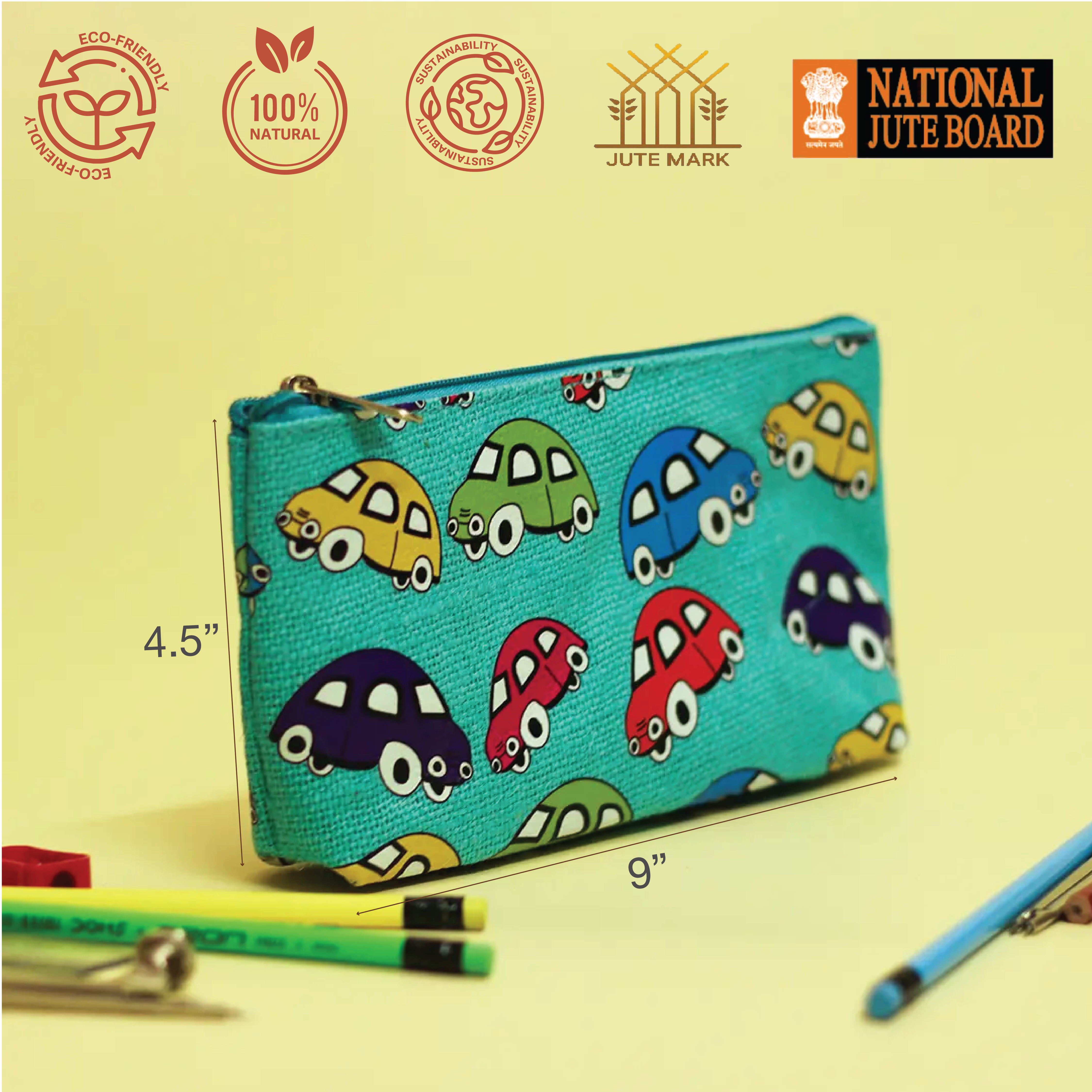 Car Print Single Zip Jute Pouch